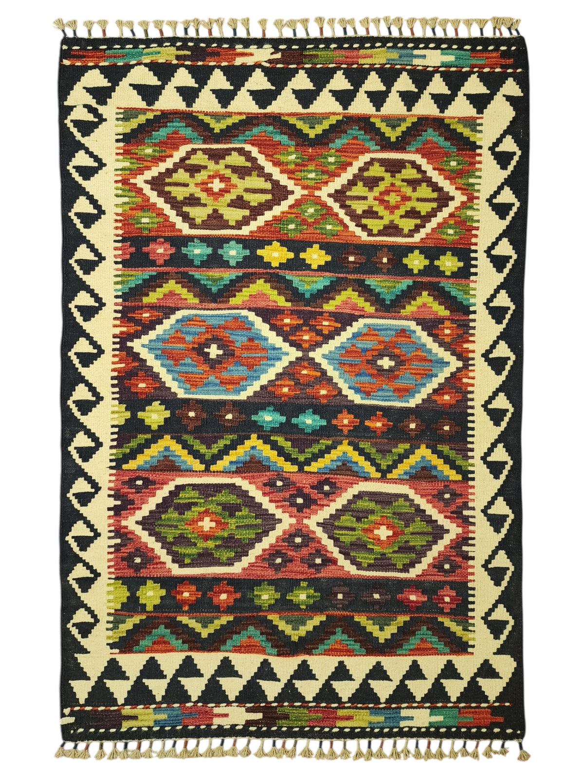 Afghan Kilim Rug 4x5, Black, Ivory & Rust, Hand-Woven Wool Flatweave