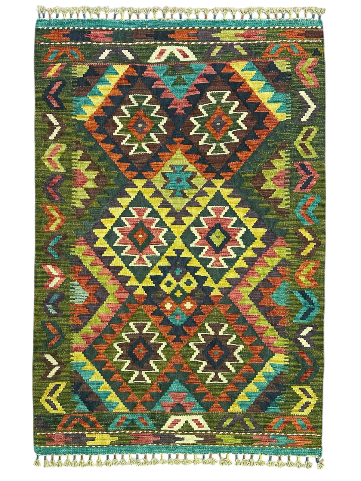Afghan Kilim Rug 3x5, Olive Green, Rust & Yellow, Hand-Woven Wool Flatweave