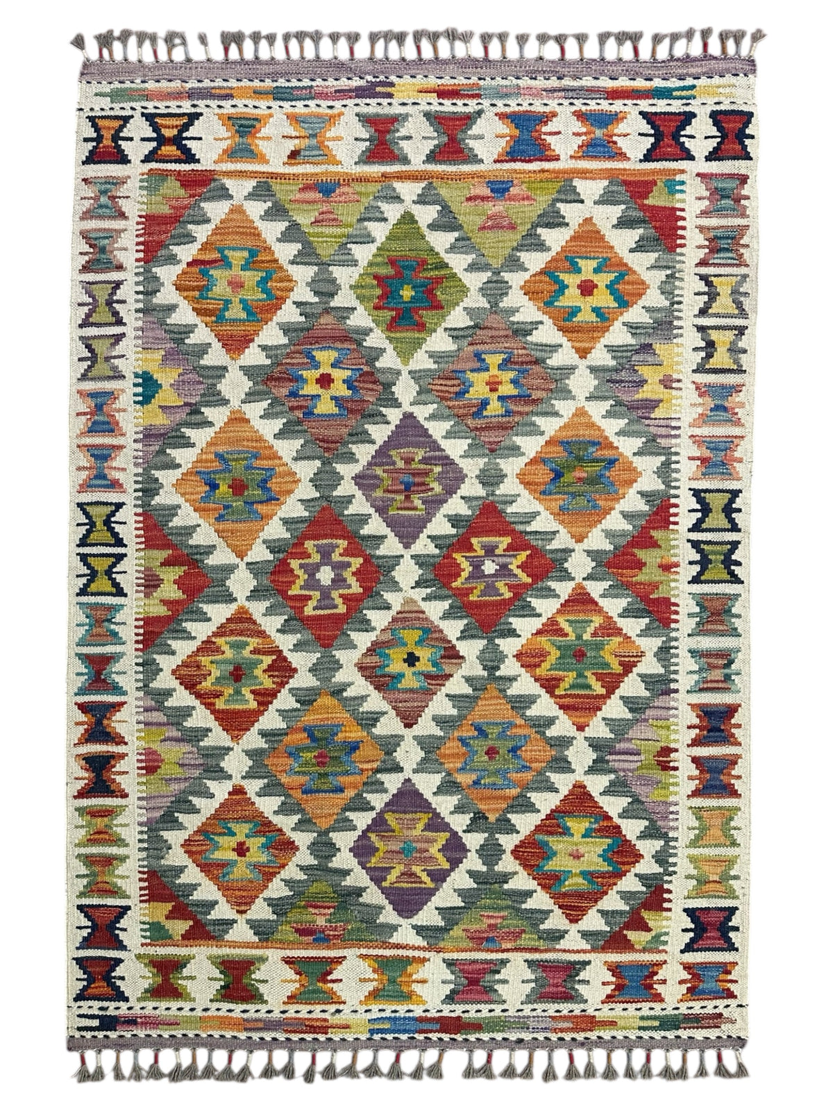 Afghan Kilim Rug 3x5, Ivory, Gray & Orange, Hand-Woven Wool Flatweave