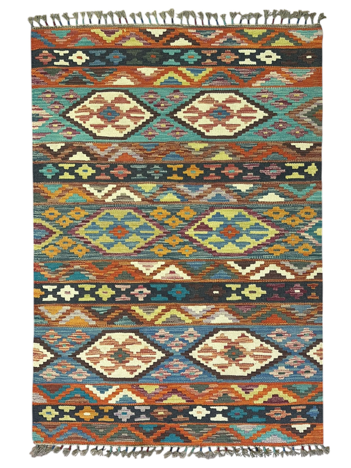 Afghan Kilim Rug 4x5, Rust, Teal & Blue, Hand-Woven Wool Flatweave