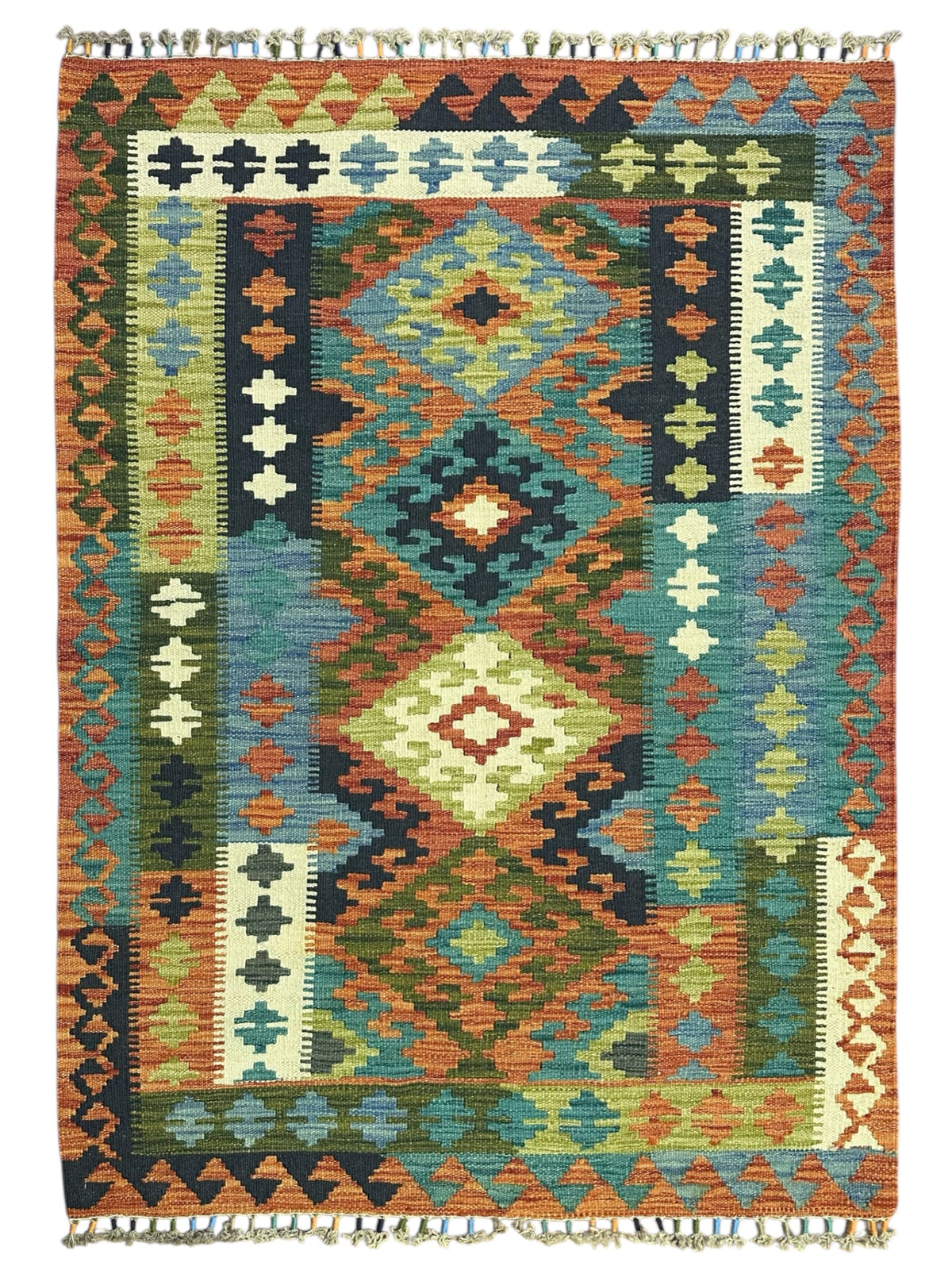 Afghan Kilim Rug 3x5, Rust, Teal & Olive Green, Hand-Woven Wool Flatweave