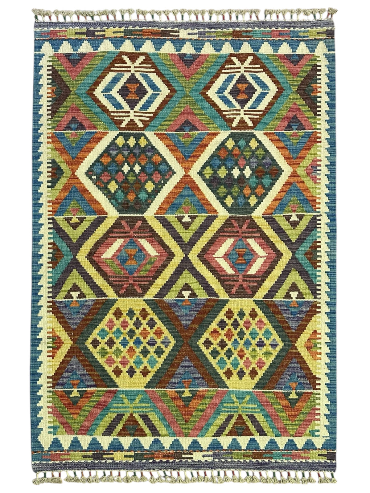 Afghan Kilim Rug 3x5, Brown, Yellow & Teal, Hand-Woven Wool Flatweave