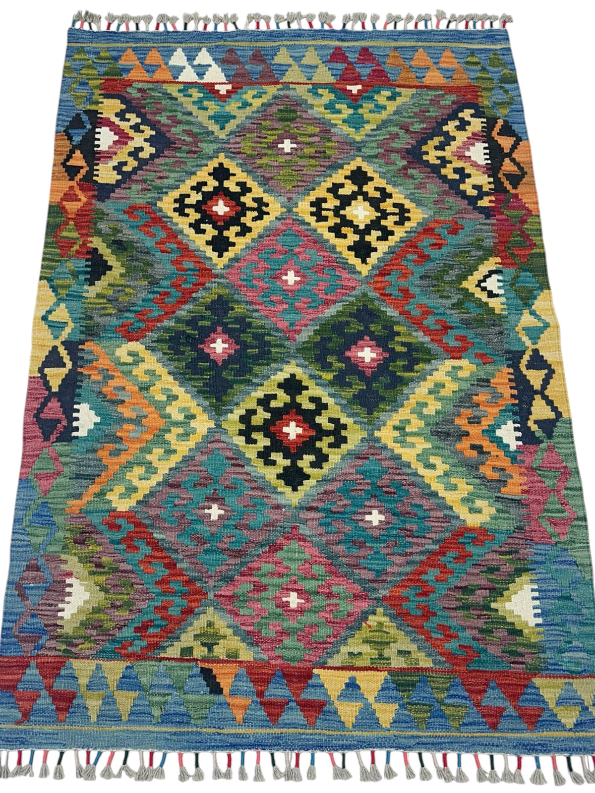 Afghan Kilim Rug 4x5, Green, Teal & Pink, Hand-Woven Wool Flatweave, view 2