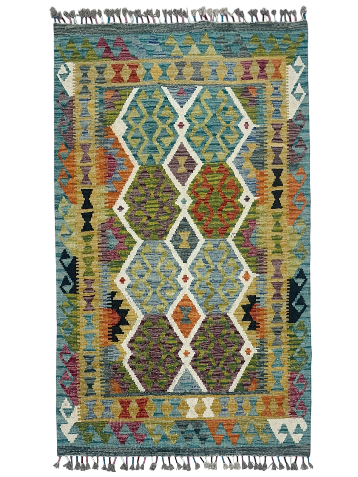 Afghan Kilim Rug 3x5, Teal, Olive Green & Ivory, Diamond Lattice Wool Flatweave