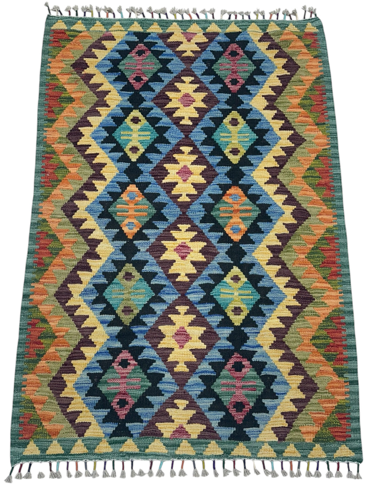 Afghan Kilim Rug 3x5, Green, Navy & Blue, Hand-Woven Wool Flatweave, view 2
