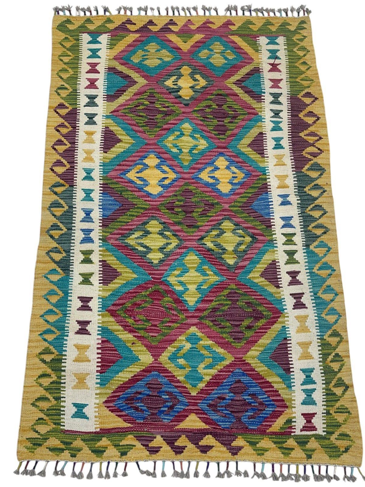 Afghan Kilim Rug 3x5, Gold, Red & Teal, Hand-Woven Wool Flatweave, view 2