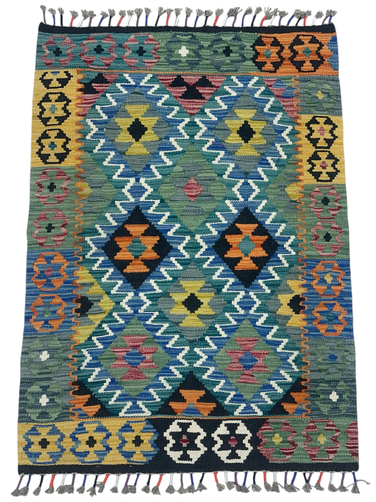 Afghan Kilim Rug 3x4, Green, Blue & Black, Hand-Woven Wool Flatweave