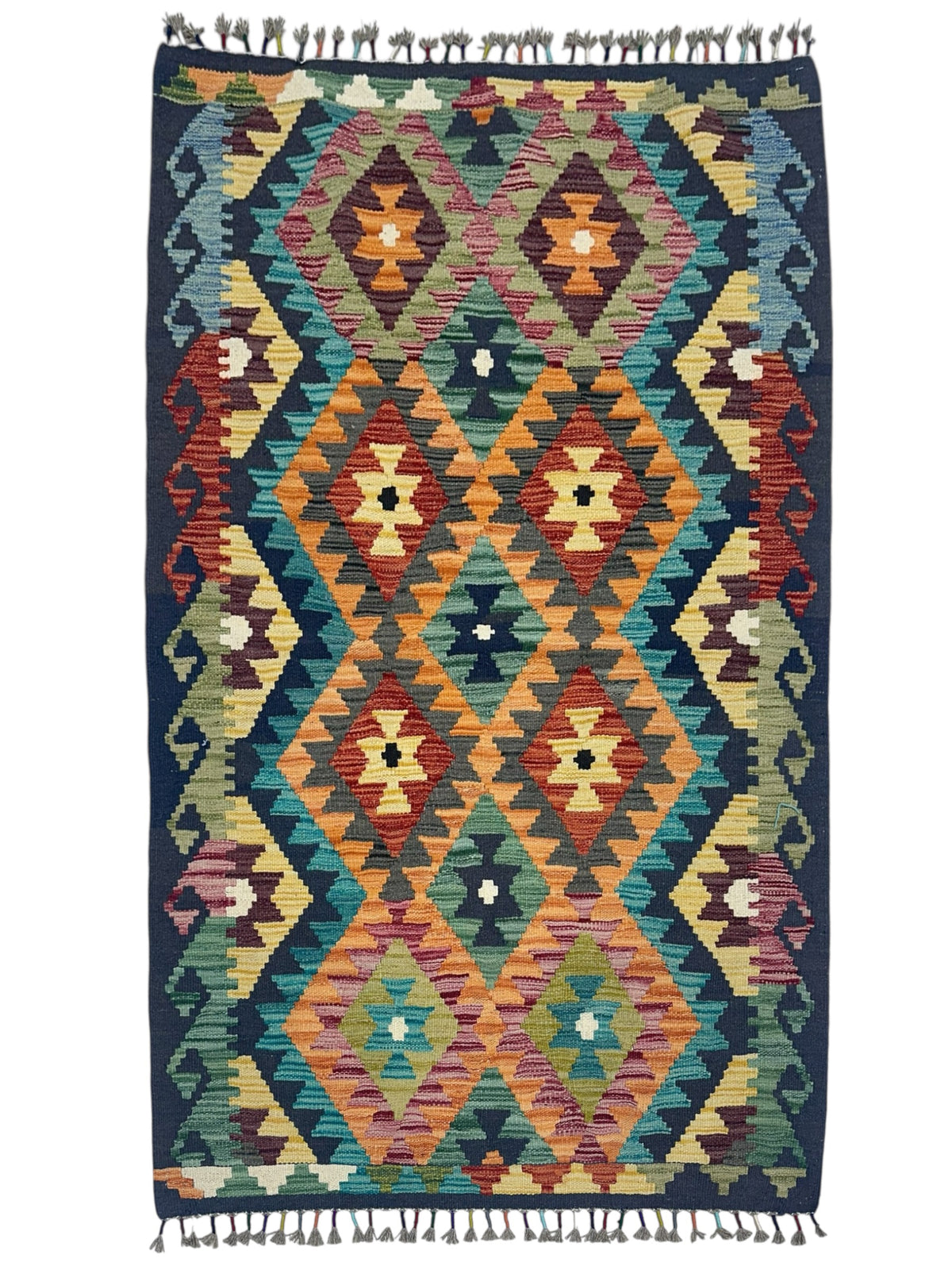 Afghan Kilim Rug 3x5, Orange, Navy & Teal, Hand-Woven Wool Flatweave