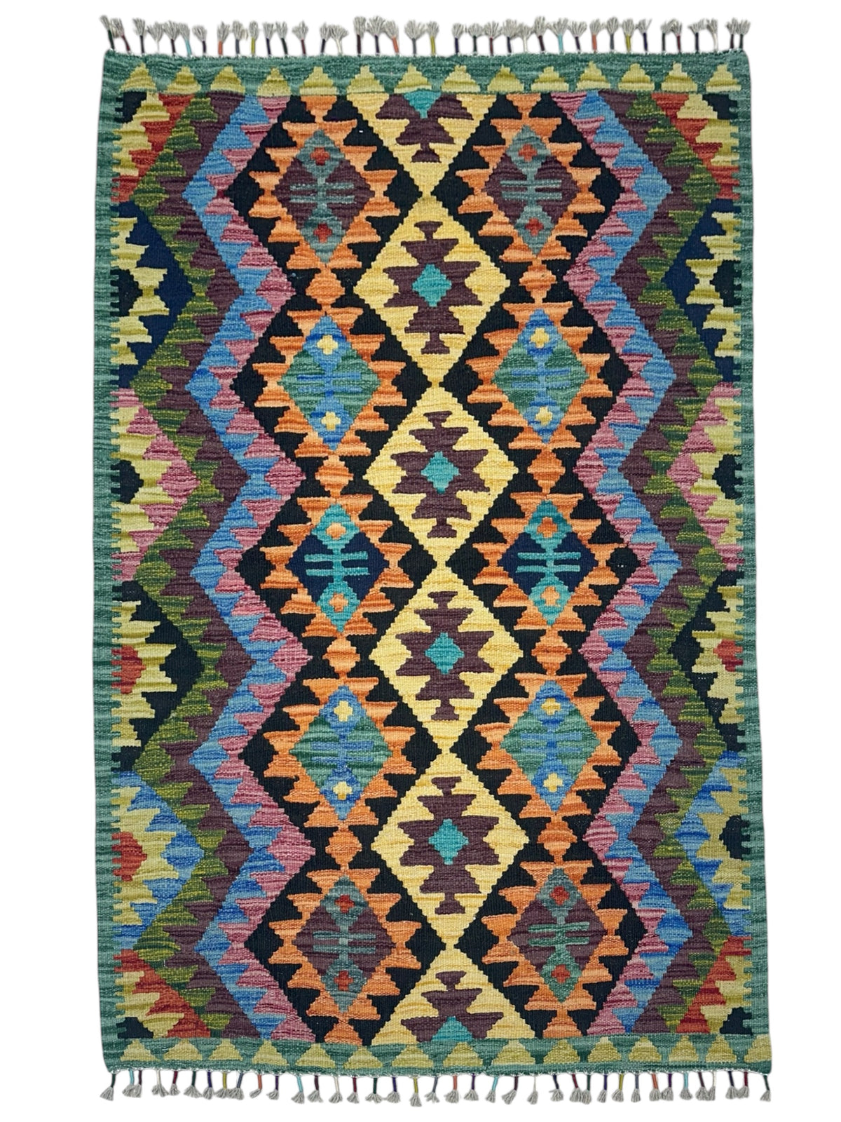 Afghan Kilim Rug 3x5, Black, Gold & Orange, Hand-Woven Wool Flatweave