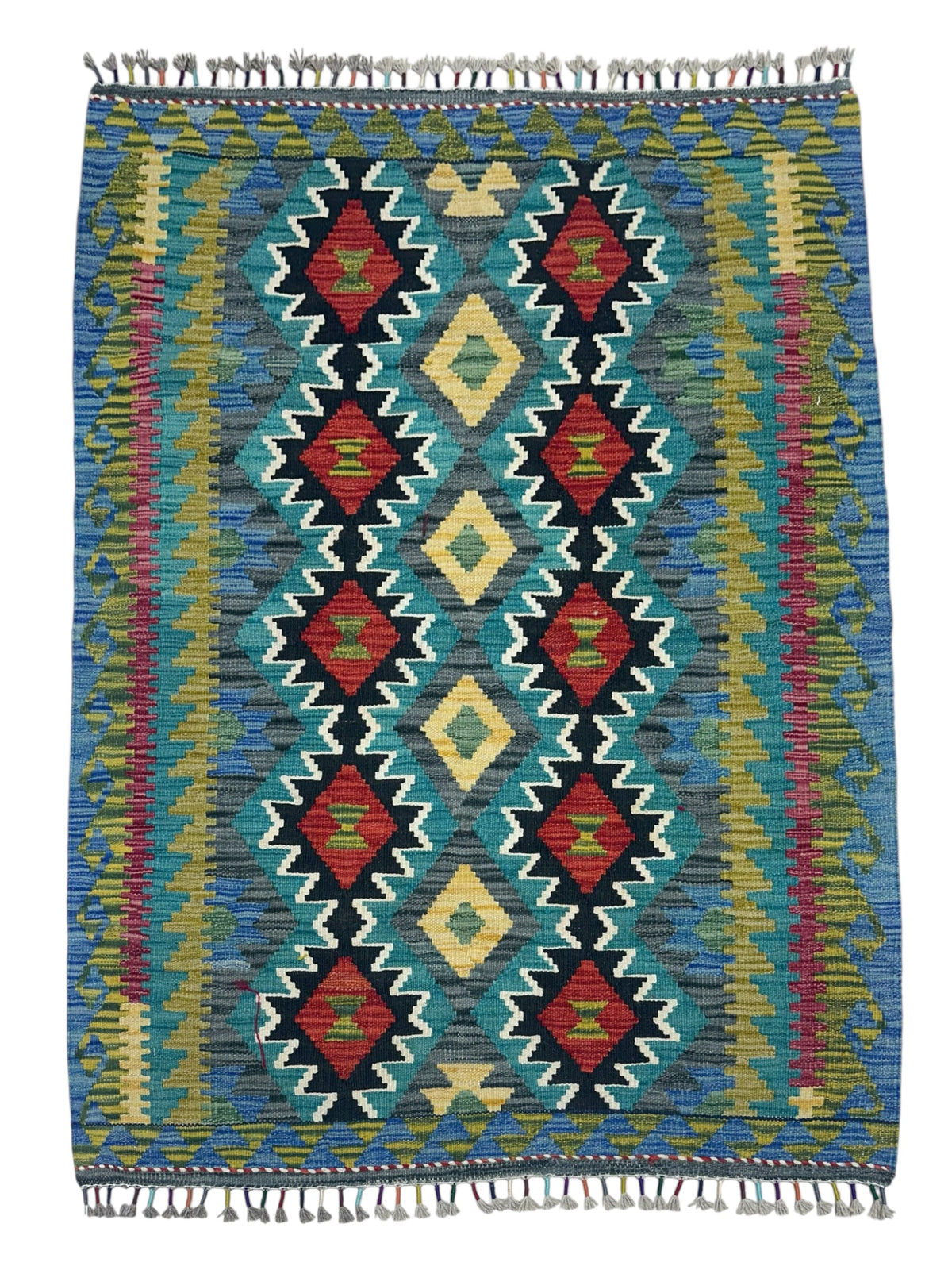 Afghan Kilim Rug 4x5, Teal, Olive Green & Black, Hand-Woven Wool Flatweave
