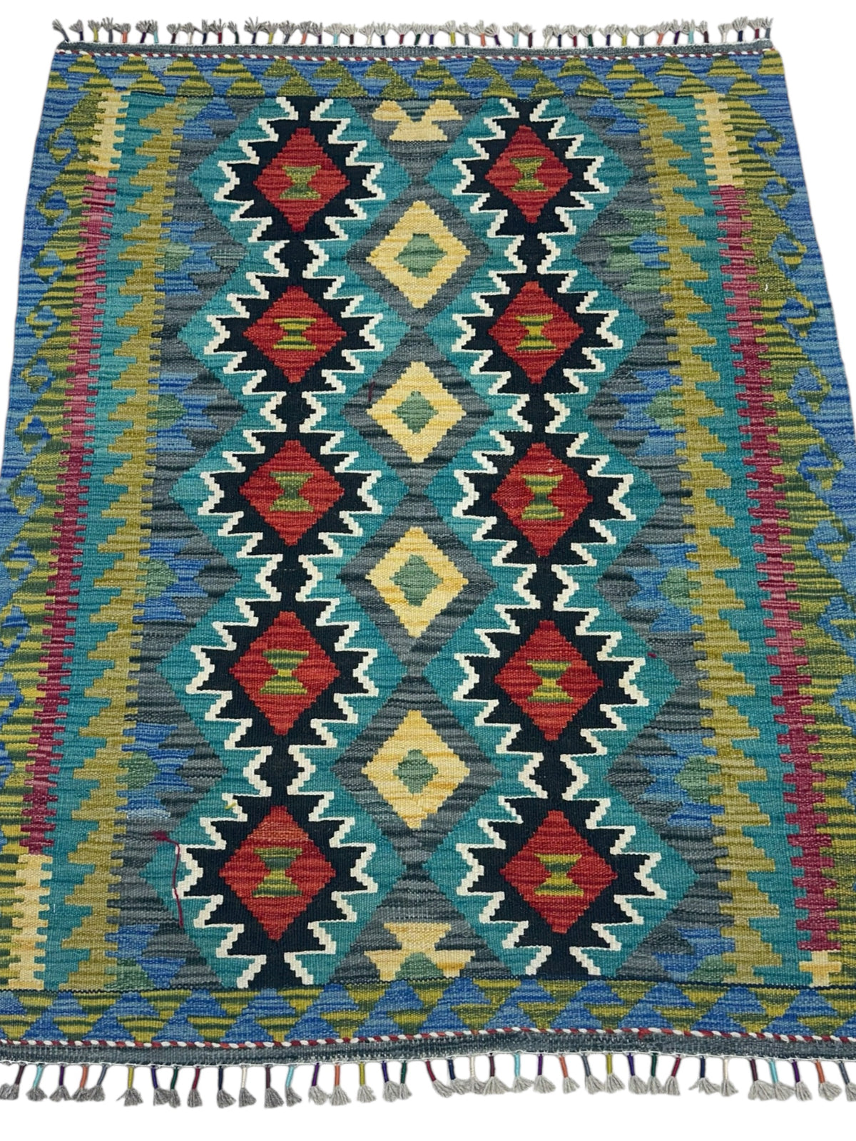 Afghan Kilim Rug 4x5, Teal, Olive Green & Black, Hand-Woven Wool Flatweave, view 2