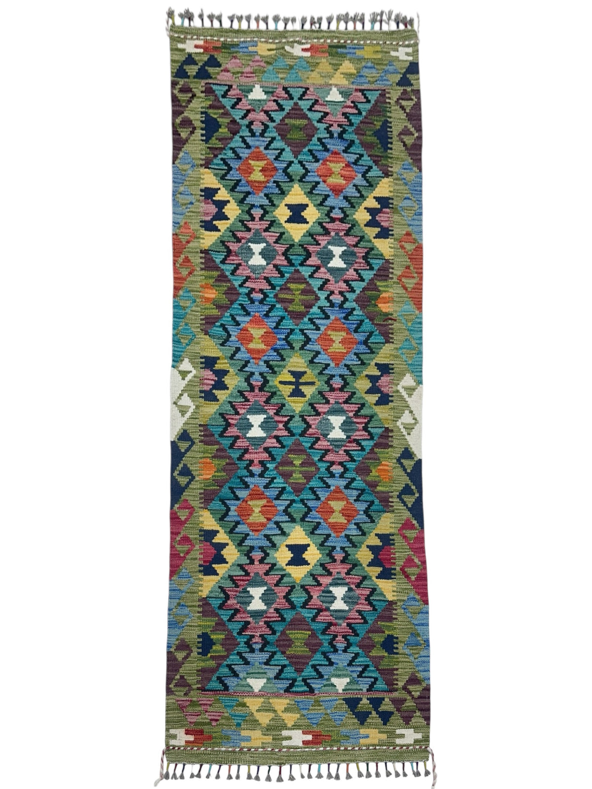 Afghan Kilim Runner 3x6, Teal, Gold & Navy, Hand-Woven Wool Flatweave