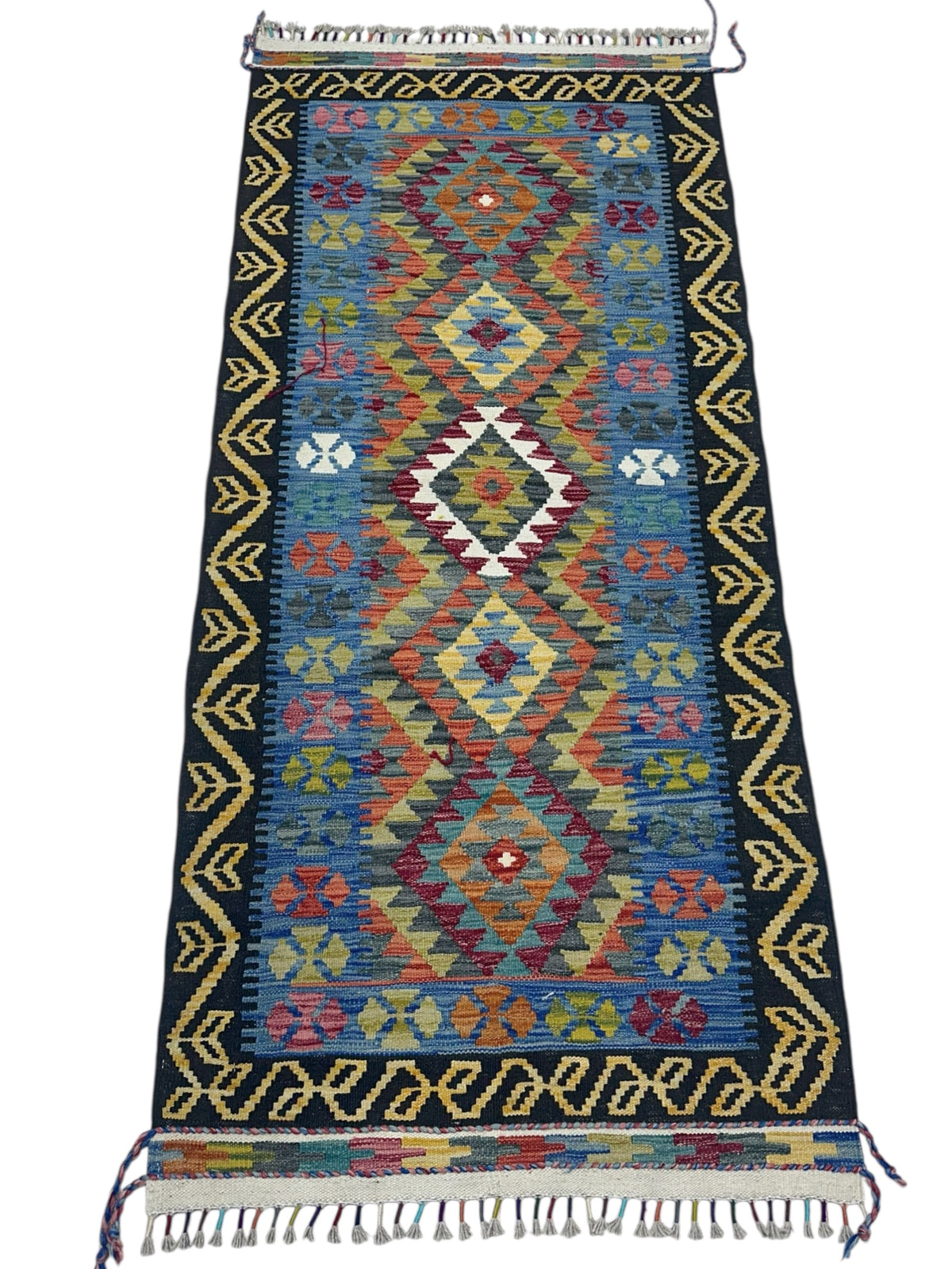 Afghan Kilim Rug 3x6, Blue, Black & Gold, Hand-Woven Wool Flatweave, view 2