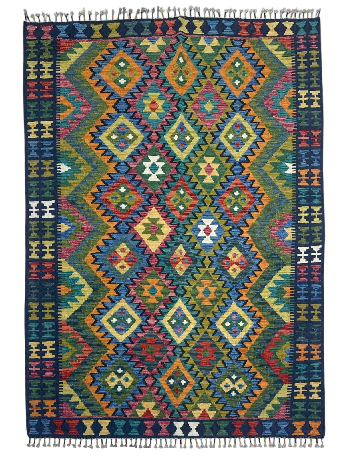 Afghan Kilim Rug 5x7, Green, Olive Green & Navy, Hand-Woven Wool Flatweave