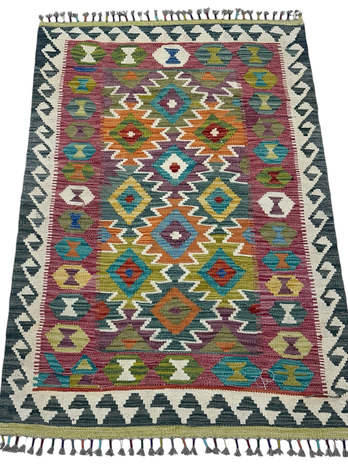 Afghan Kilim Rug 3x5, Pink, Ivory & Black, Hand-Woven Wool Flatweave, view 2