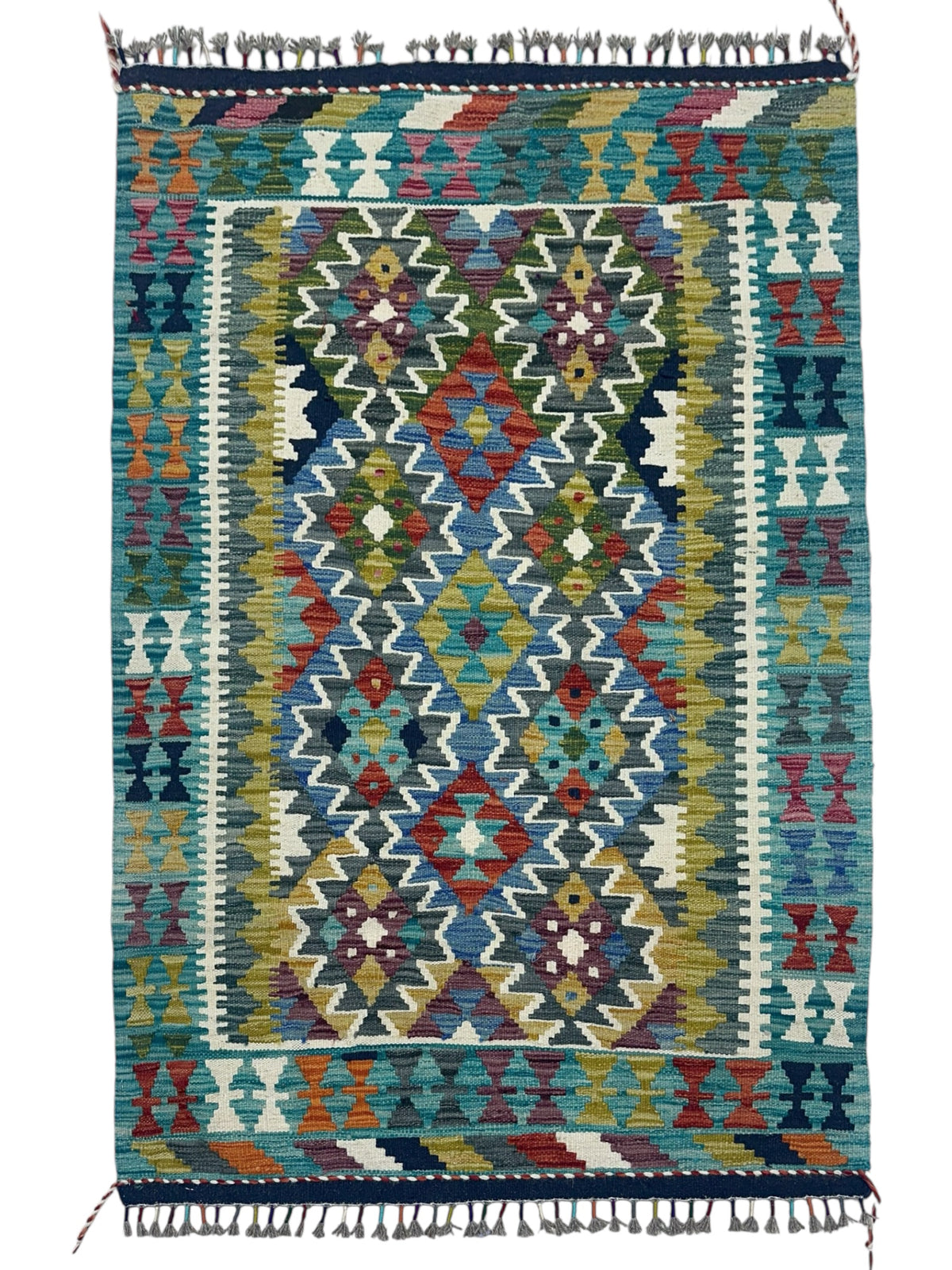 Afghan Kilim Rug 3x5, Teal, Olive Green & Ivory, Hand-Woven Wool Flatweave