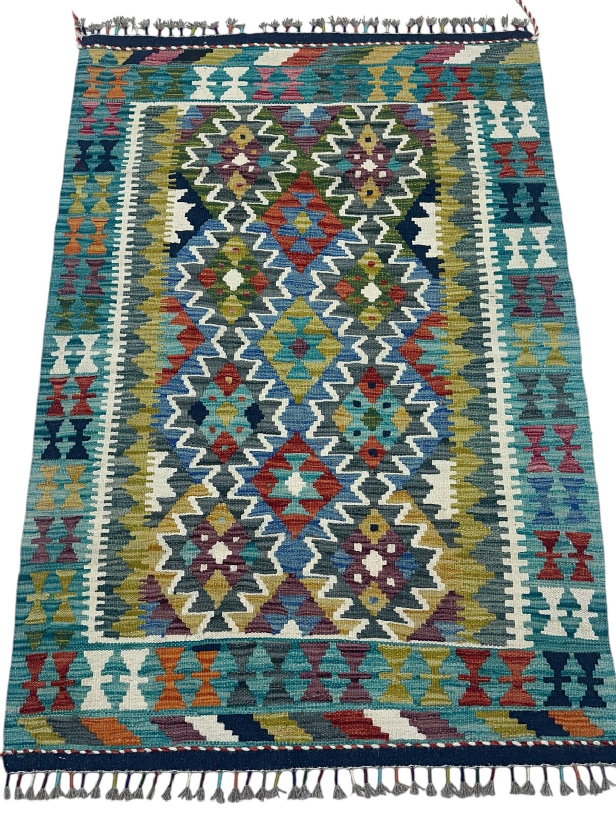 Afghan Kilim Rug 3x5, Teal, Olive Green & Ivory, Hand-Woven Wool Flatweave, view 2