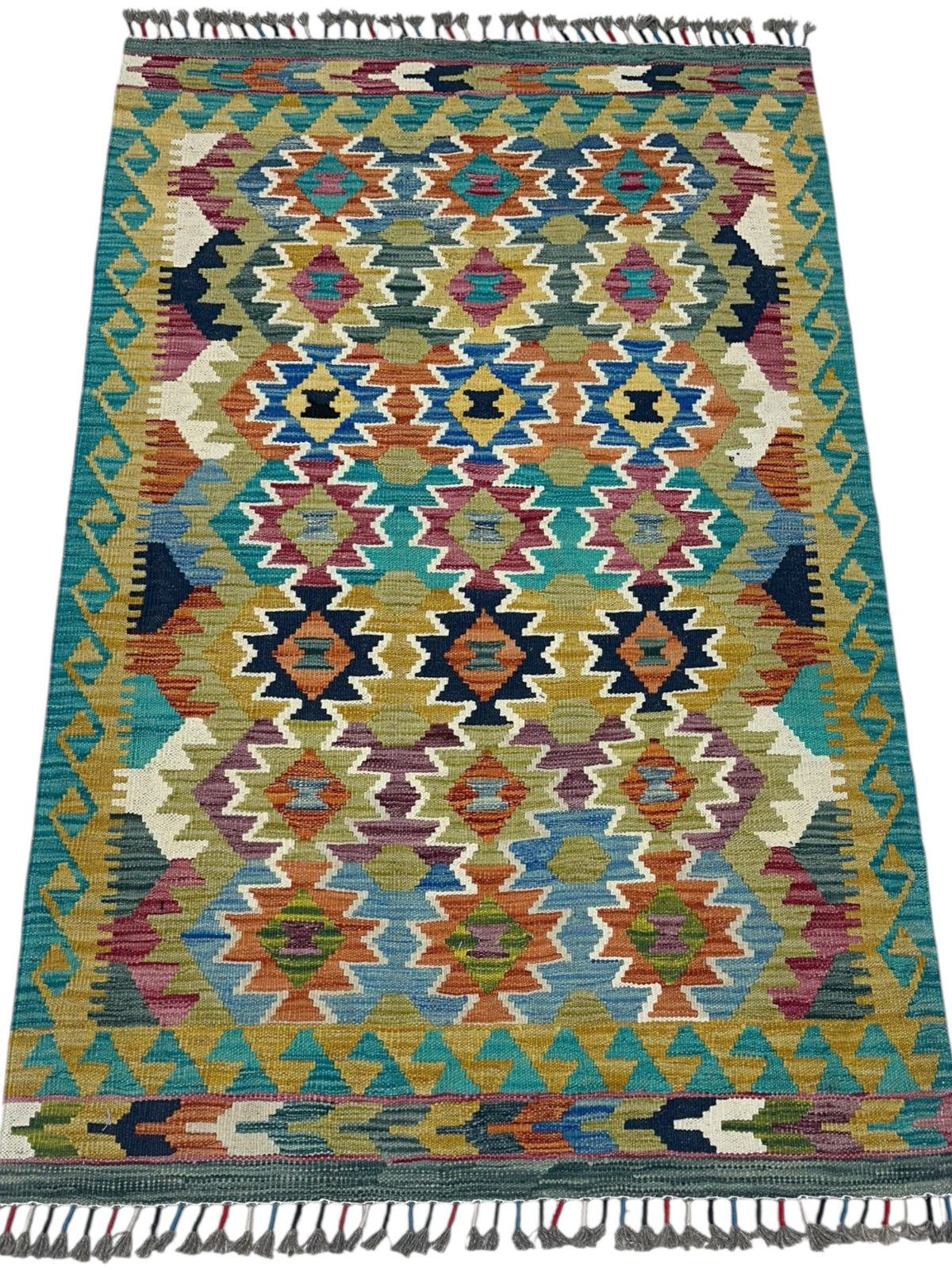 Afghan Kilim Rug 3x5, Olive Green, Teal & Gold, Hand-Woven Wool Flatweave, view 2