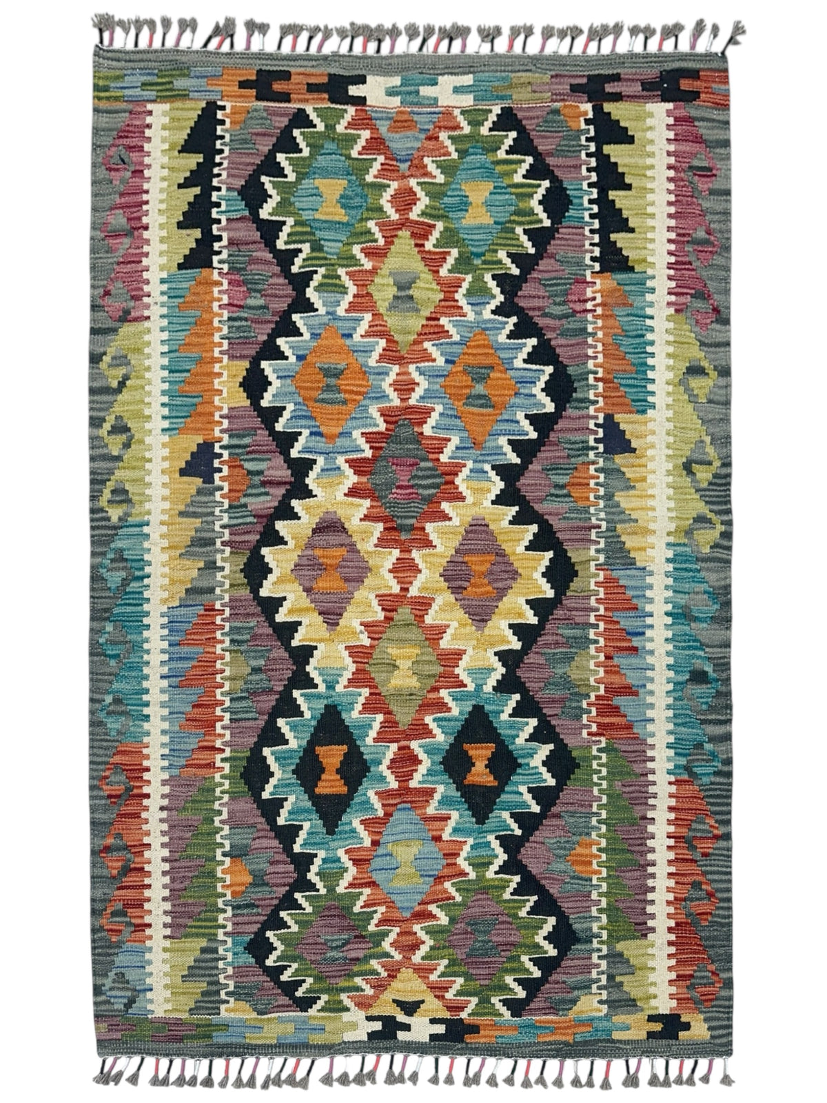 Afghan Kilim Rug 3x5, Gray, Black & Rust, Hand-Woven Wool Flatweave