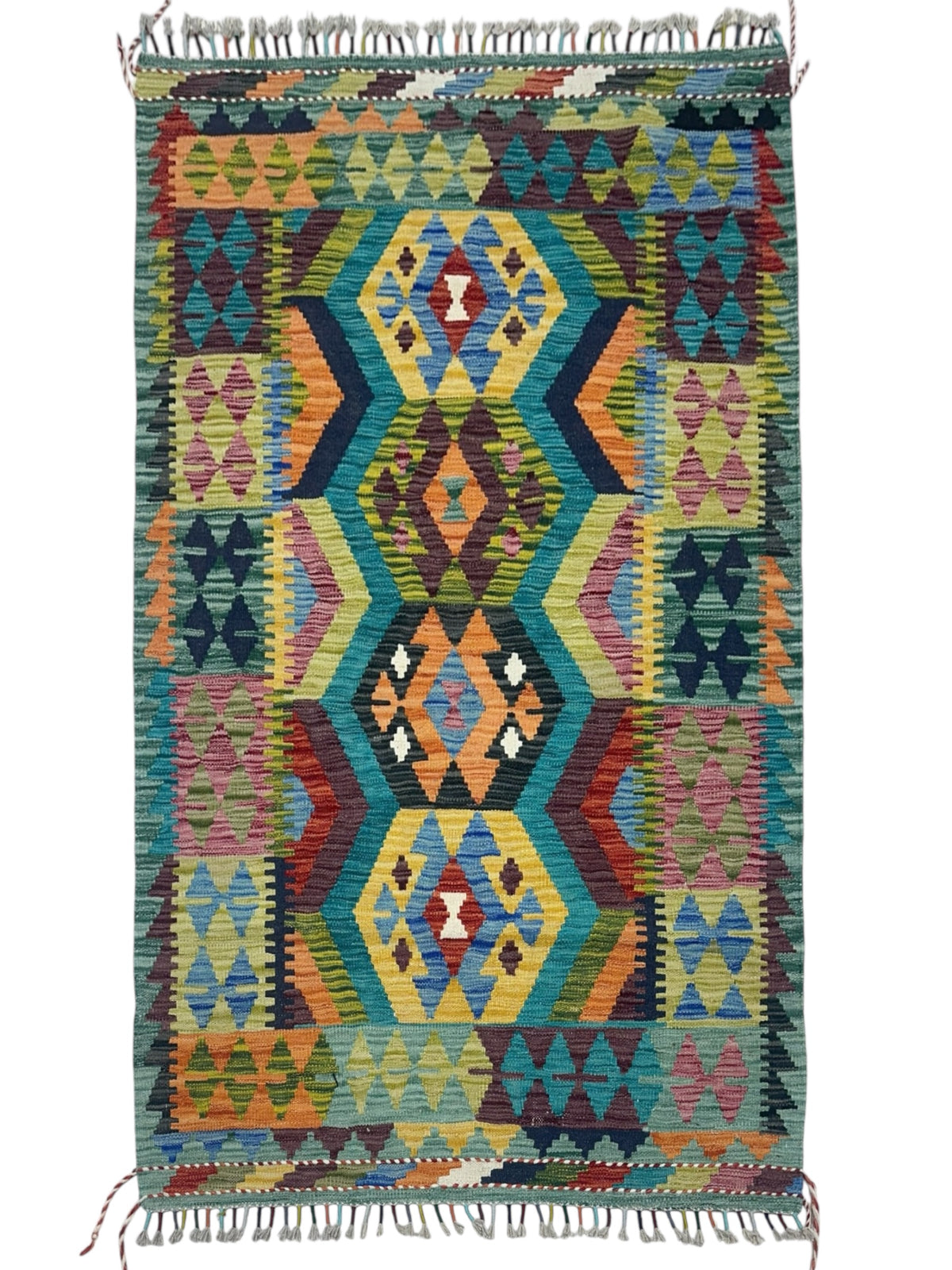 Afghan Kilim Rug 3x5, Teal, Gold & Orange, Hand-Woven Wool Flatweave