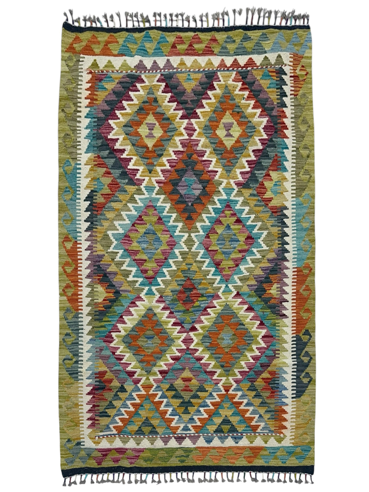 Afghan Kilim Rug 3x5, Olive Green, Rust & Teal, Hand-Woven Wool Flatweave
