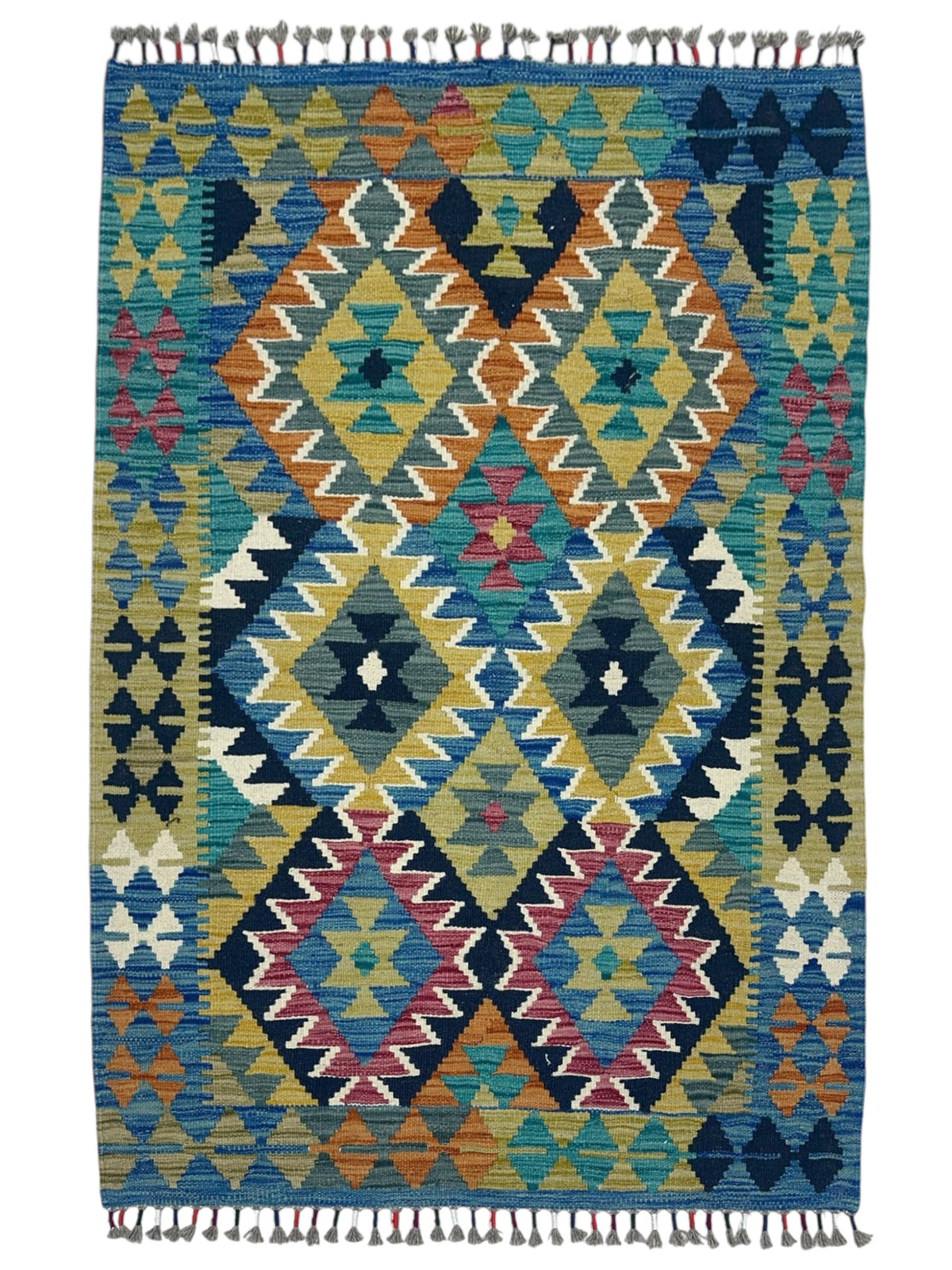Afghan Kilim Rug 3x5, Blue, Olive Green & Gold, Hand-Woven Wool Flatweave