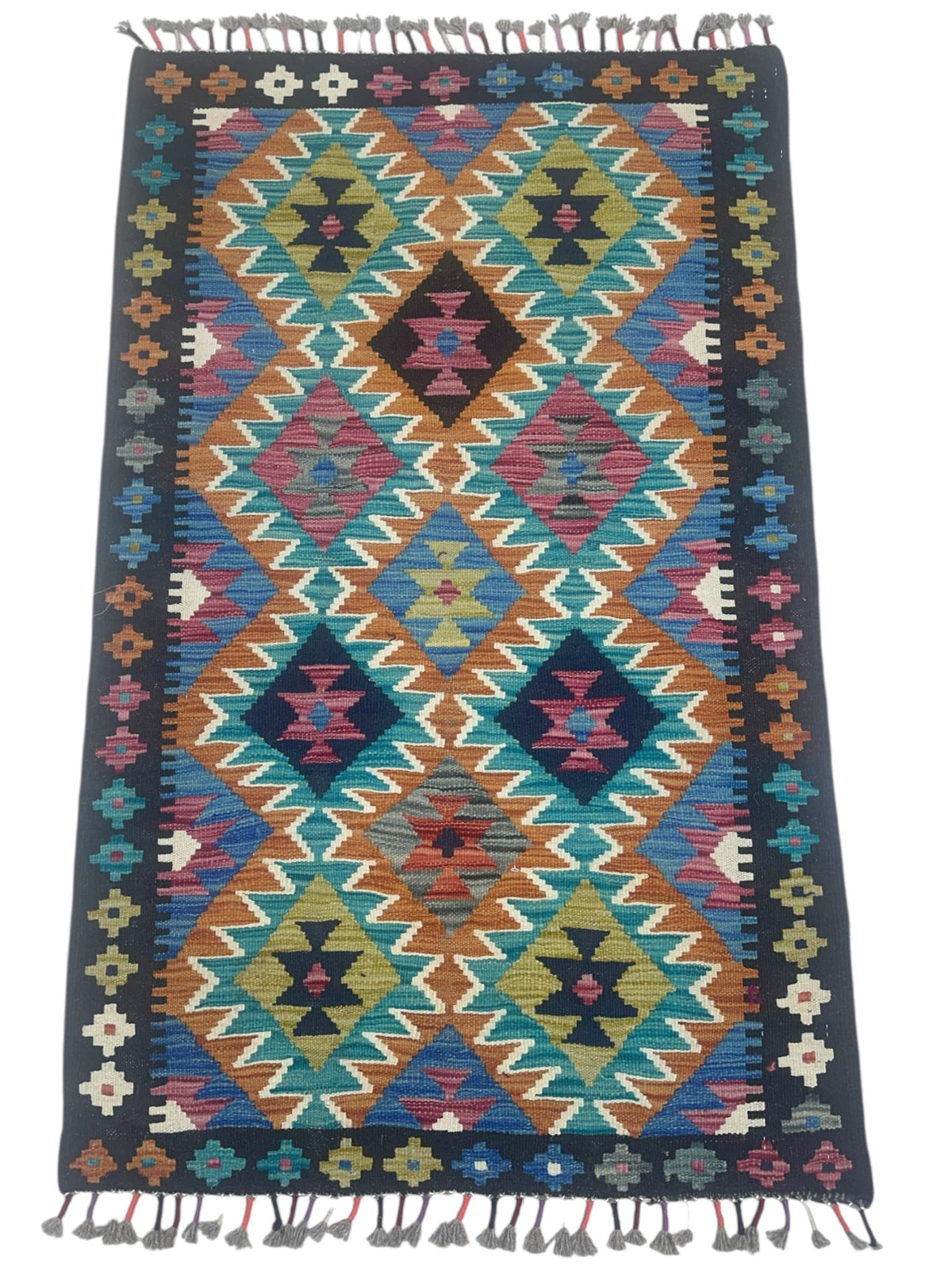 Afghan Kilim Rug 3x4, Orange, Teal & Navy, Hand-Woven Wool Flatweave, view 2