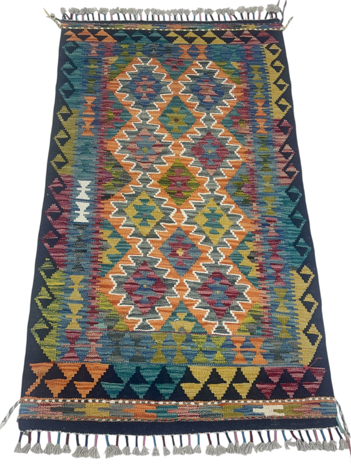 Afghan Kilim Rug 3x4, Navy, Orange & Teal, Hand-Woven Wool Flatweave, view 2