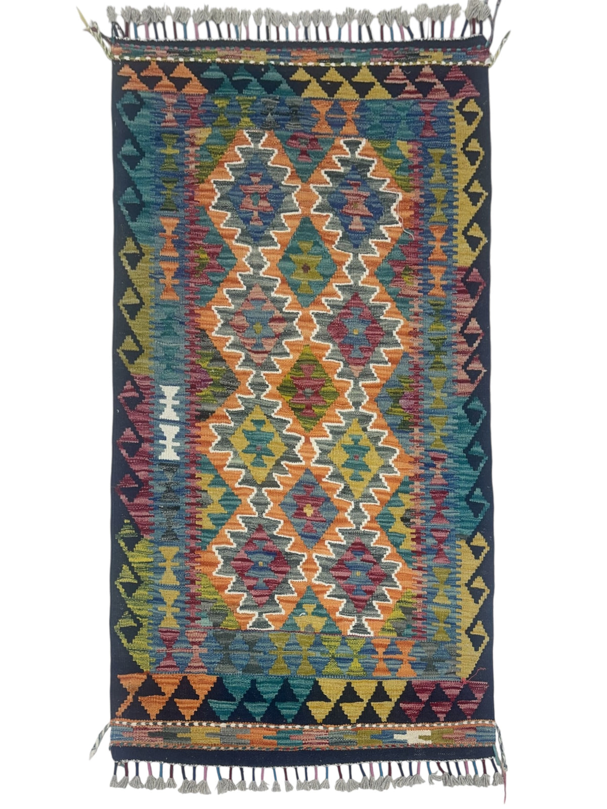 Afghan Kilim Rug 3x4, Navy, Orange & Teal, Hand-Woven Wool Flatweave
