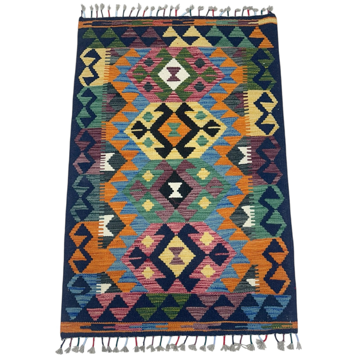 Afghan Kilim Rug 3x4, Navy, Orange & Pink, Hand-Woven Wool Flatweave, view 2