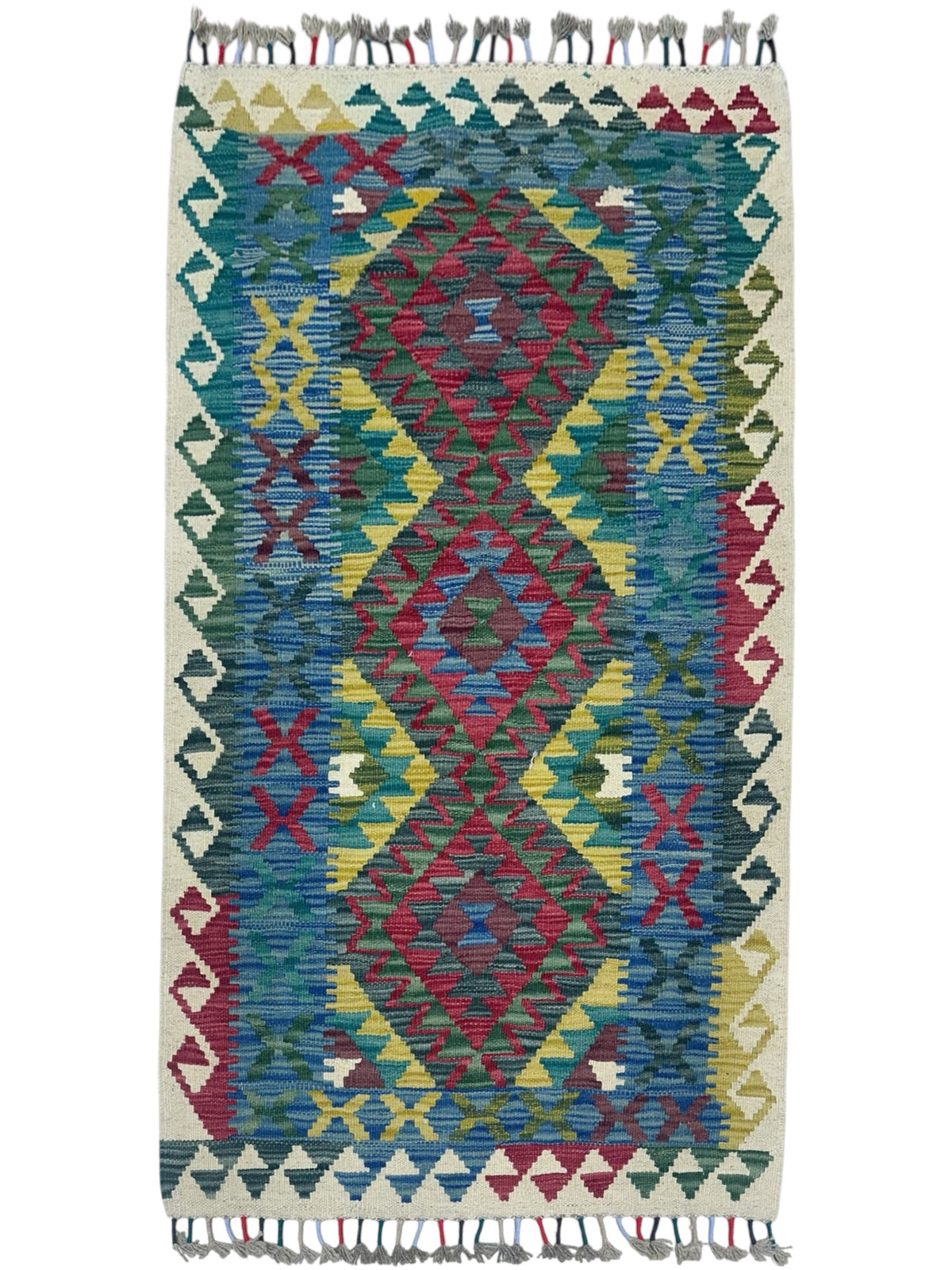 Afghan Kilim Rug 3x4, Blue, Teal & Ivory, Hand-Woven Wool Flatweave