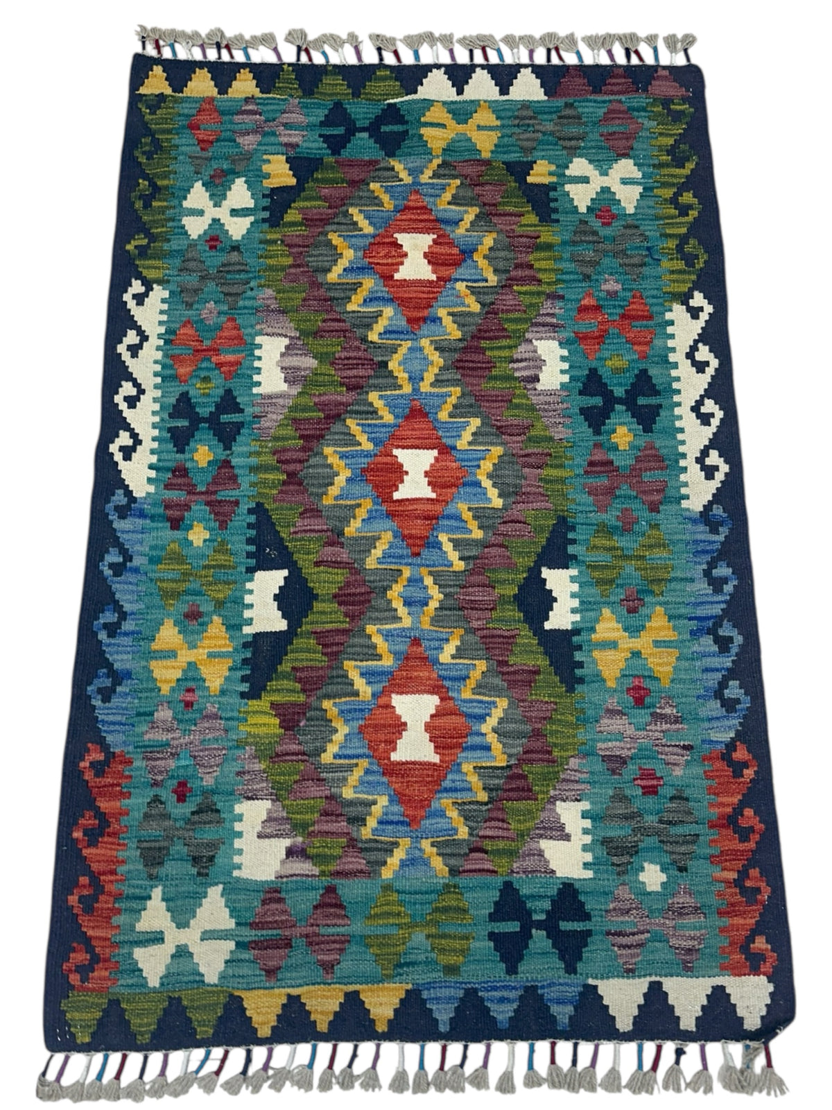 Afghan Kilim Rug 3x4, Teal, Navy & Olive Green, Hand-Woven Wool Flatweave, view 2