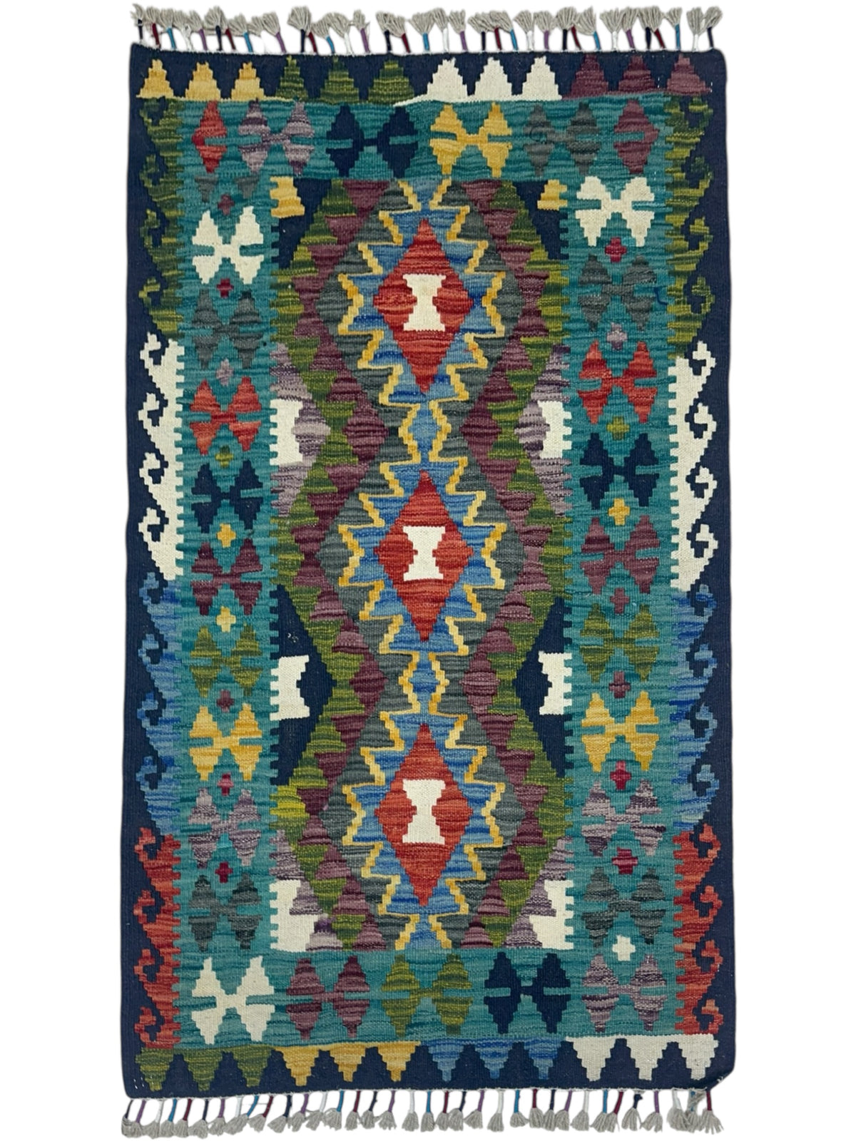 Afghan Kilim Rug 3x4, Teal, Navy & Olive Green, Hand-Woven Wool Flatweave