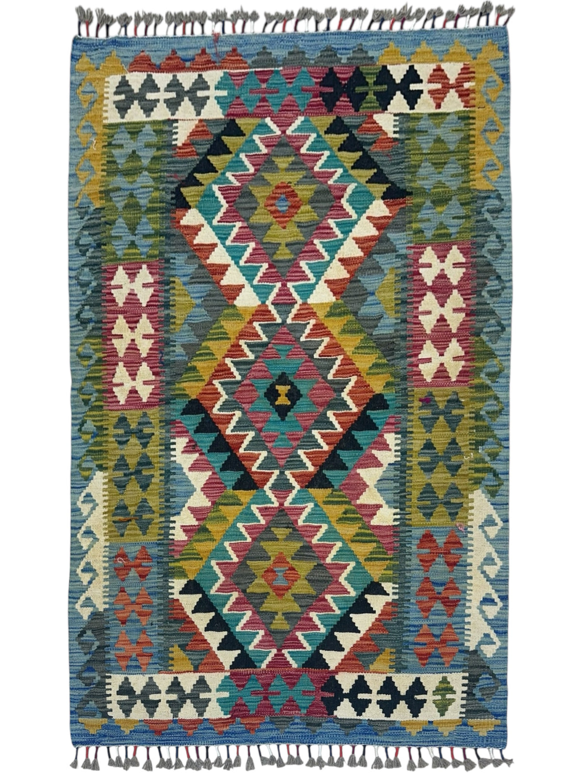 Afghan Kilim Rug 3x5, Blue, Teal & Red, Hand-Woven Wool Flatweave
