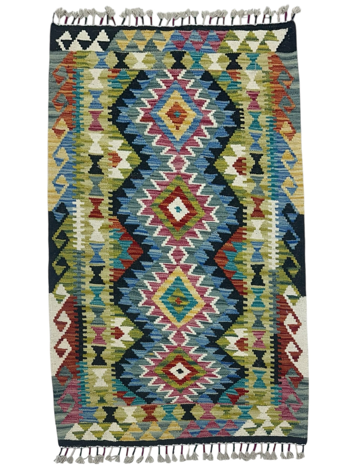 Afghan Kilim Rug 3x4, Blue, Olive Green & Navy, Hand-Woven Wool Flatweave