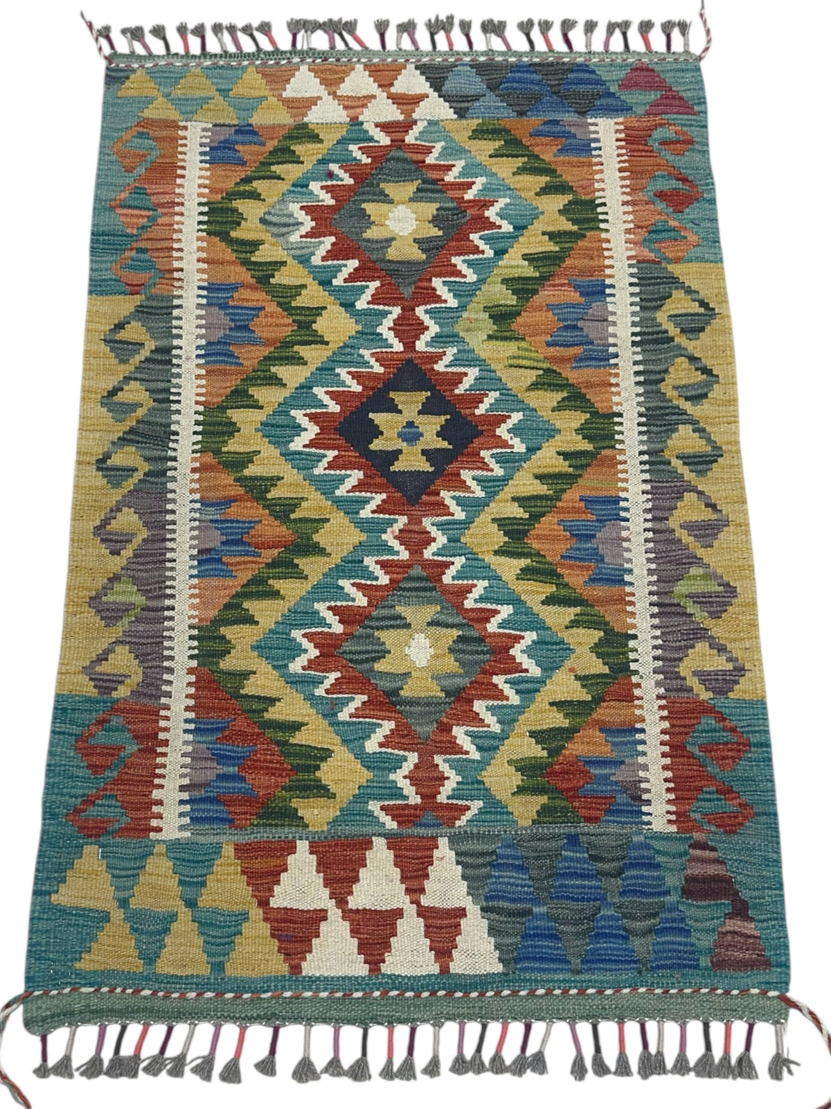 Afghan Kilim Rug 3x4, Gold, Teal & Rust, Hand-Woven Wool Flatweave, view 2