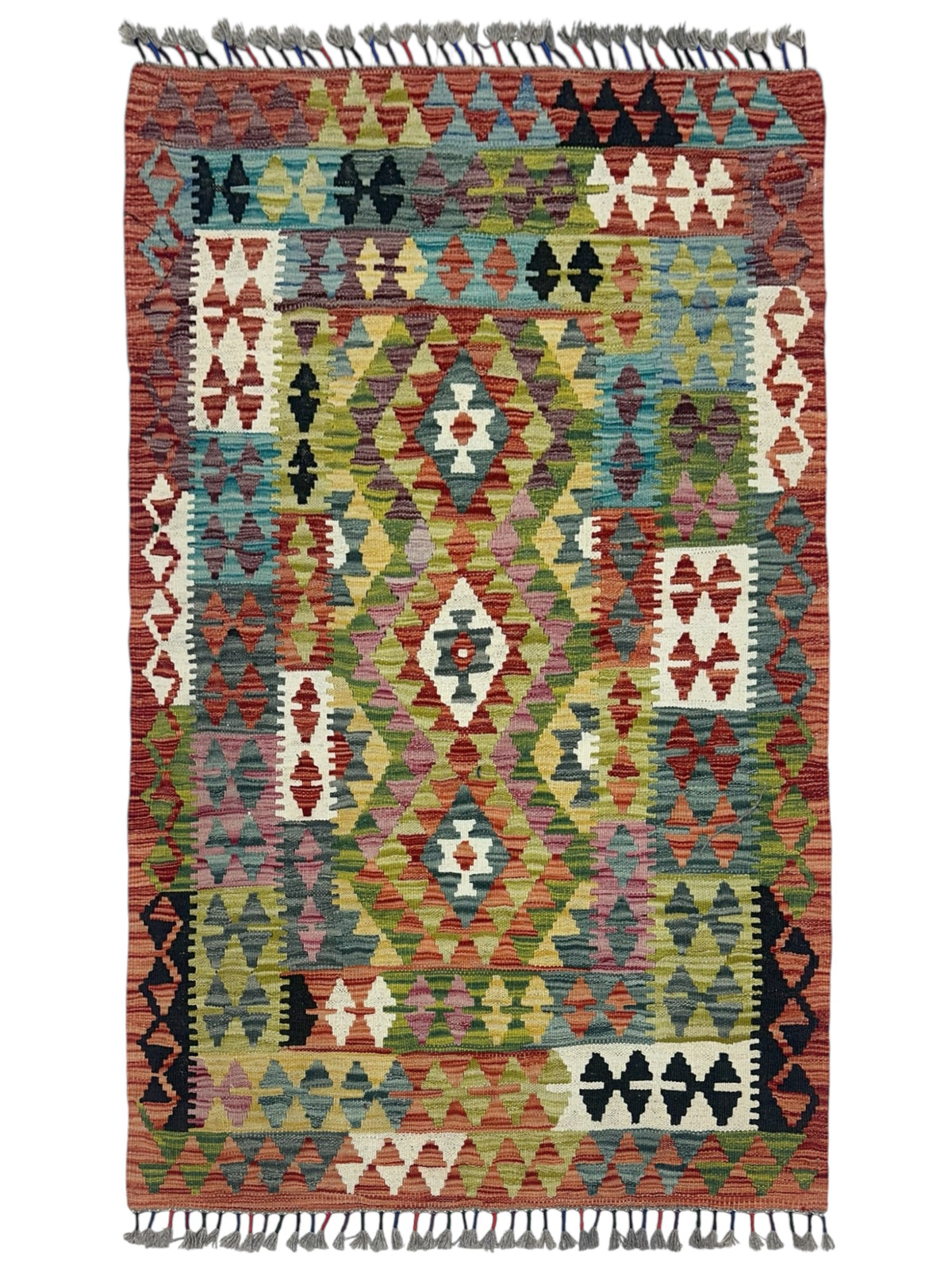 Afghan Kilim Rug 3x5, Rust, Olive Green & Ivory, Hand-Woven Wool Flatweave