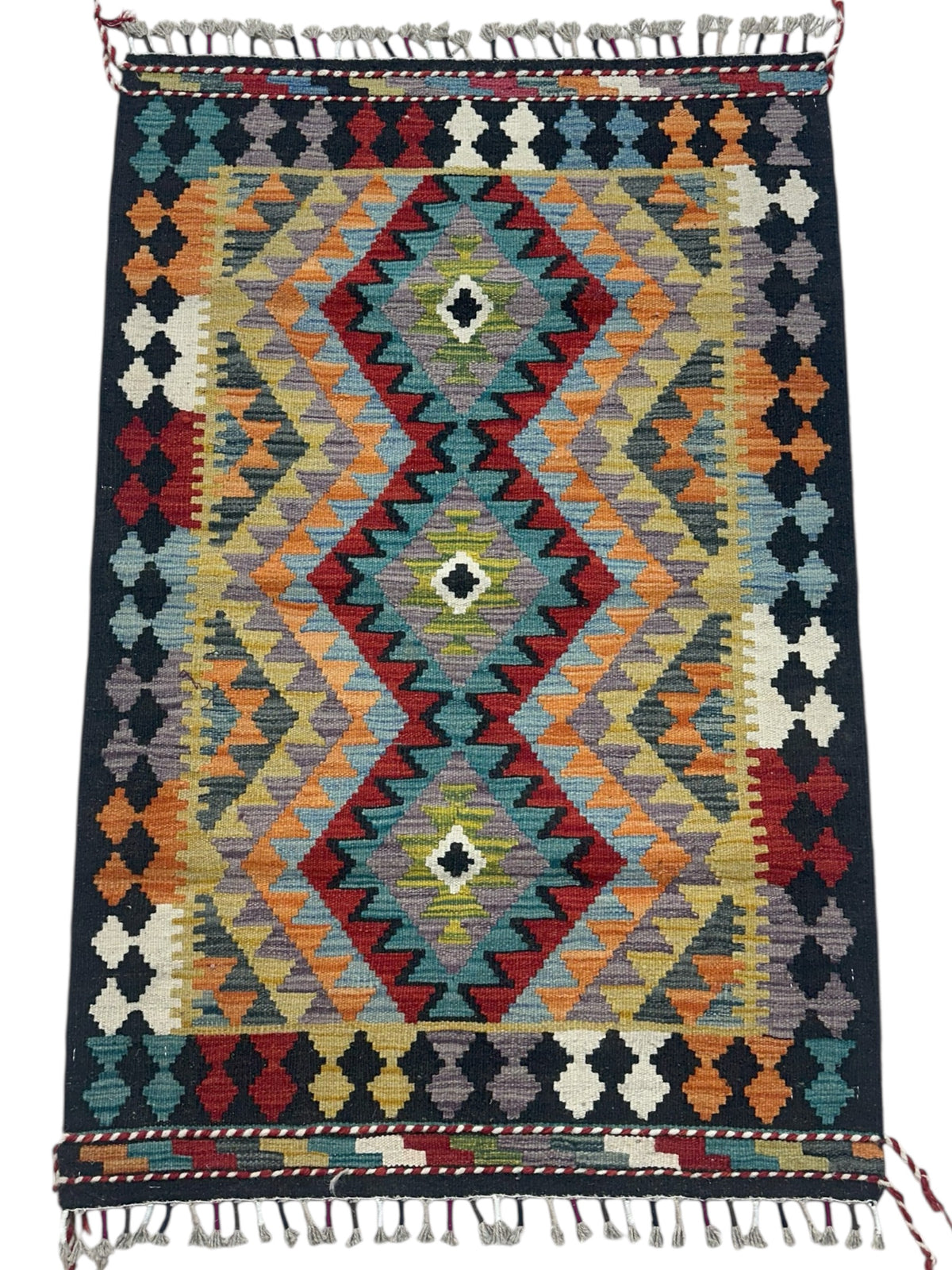 Afghan Kilim Rug 3x4, Black, Gold & Red, Hand-Woven Wool Flatweave, view 2