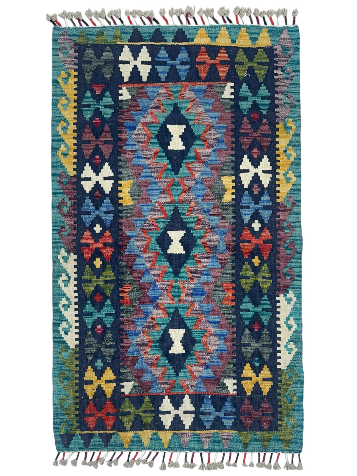 Afghan Kilim Rug 3x4, Navy, Teal & Blue, Hand-Woven Wool Flatweave