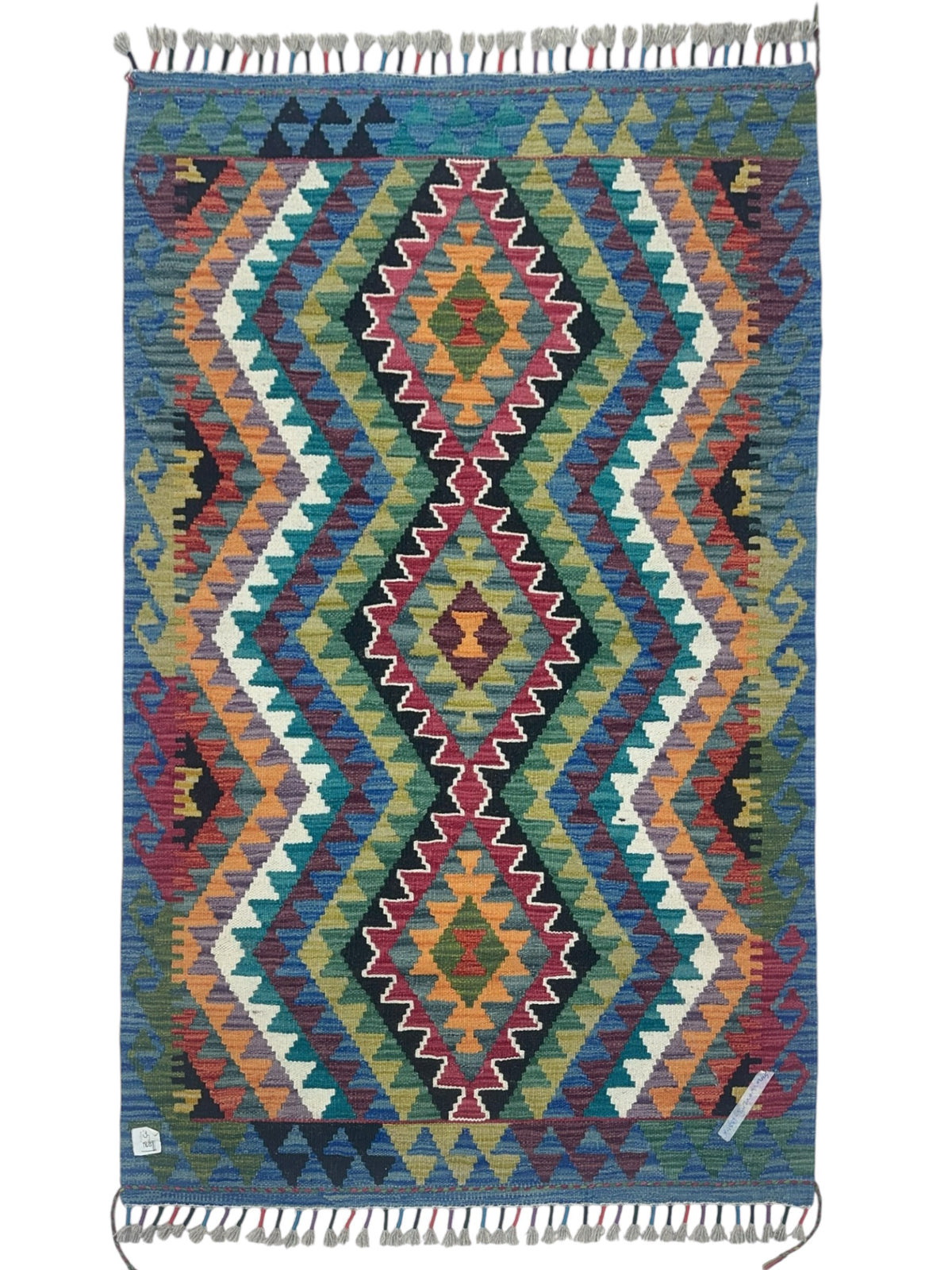 Afghan Kilim Rug 3x5, Blue, Green & Orange, Hand-Woven Wool Flatweave