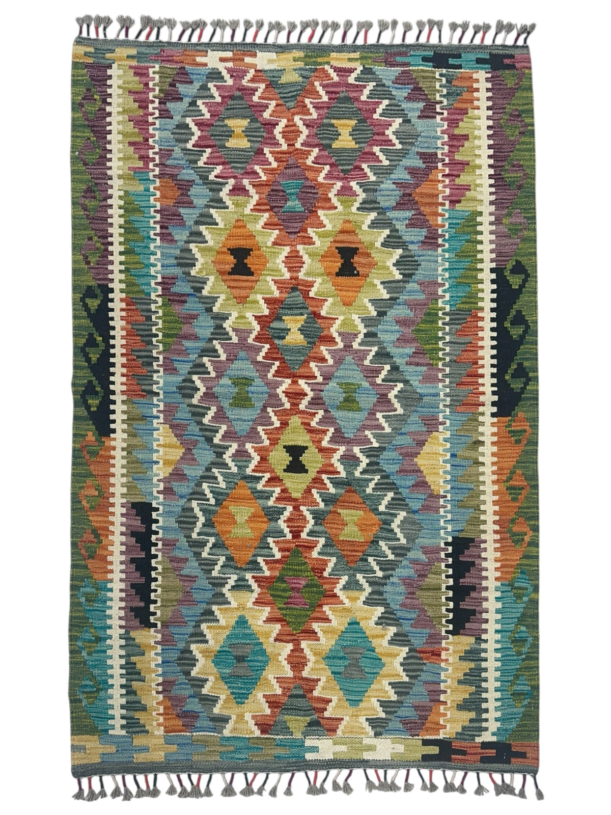 Afghan Kilim Rug 4x5, Olive Green, Blue & Rust, Hand-Woven Wool Flatweave