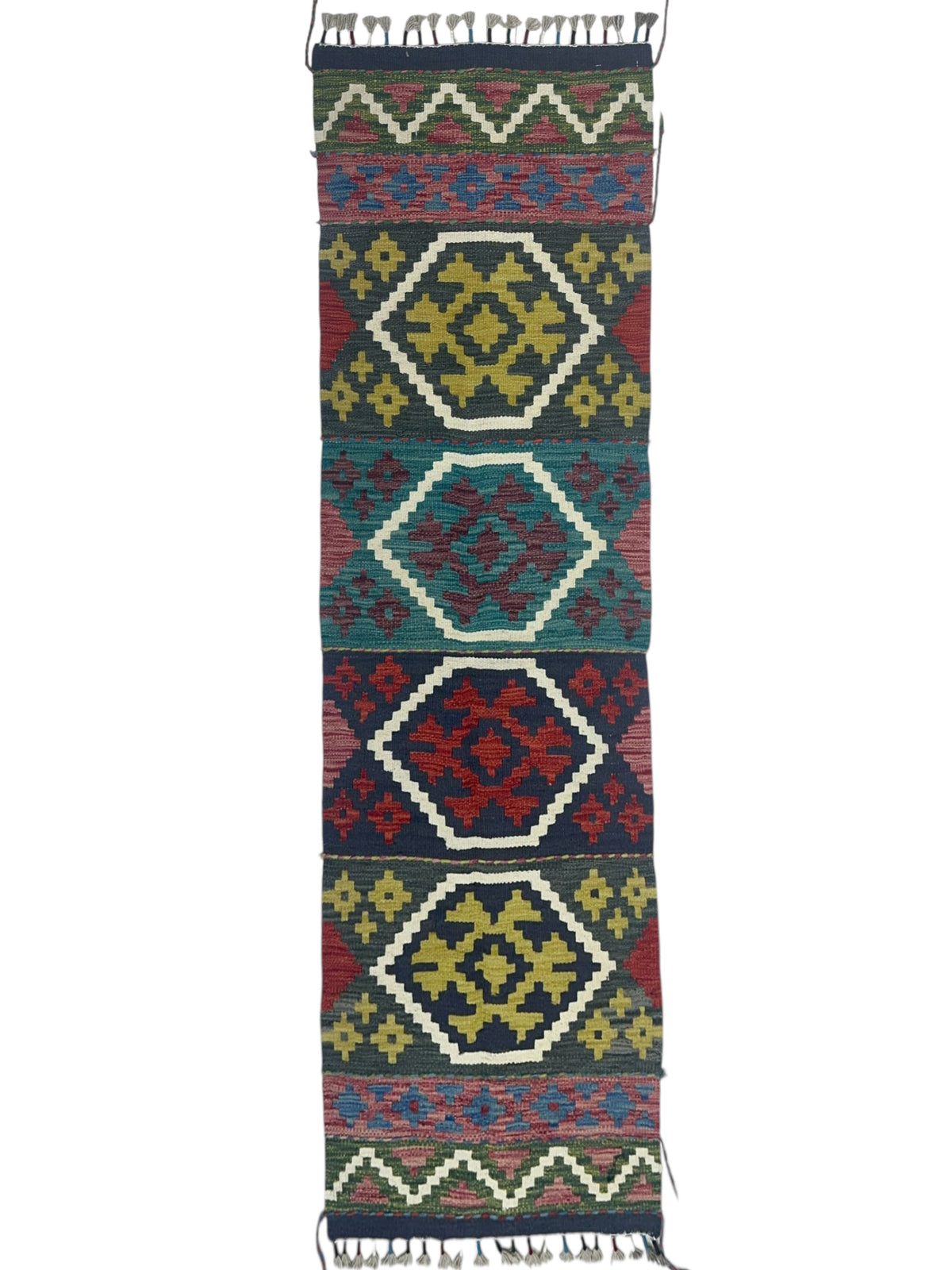Afghan Kilim Runner 2x6, Olive Green, Teal & Navy, Hand-Woven Wool Flatweave