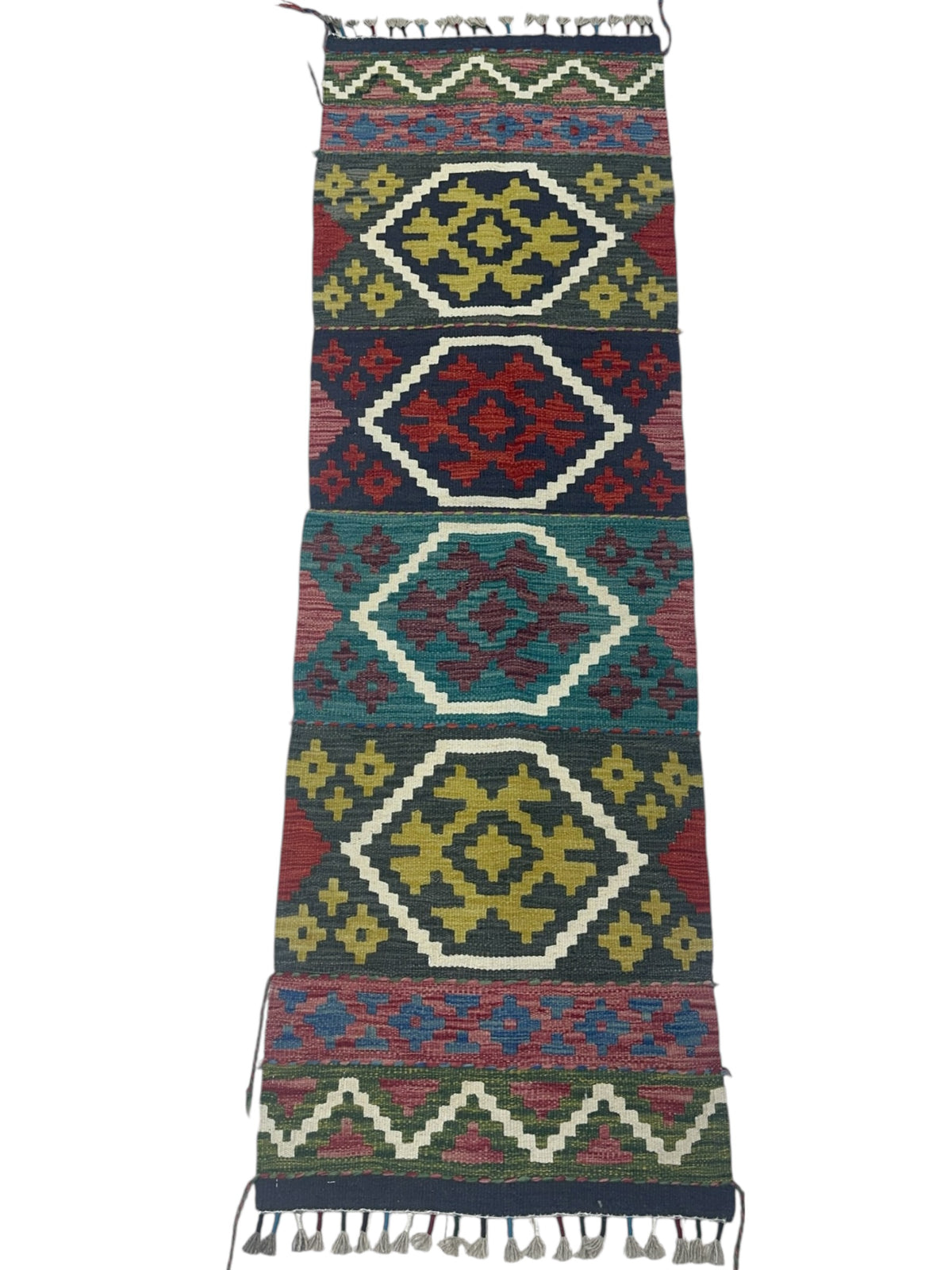 Afghan Kilim Runner 2x6, Olive Green, Teal & Navy, Hand-Woven Wool Flatweave, view 2