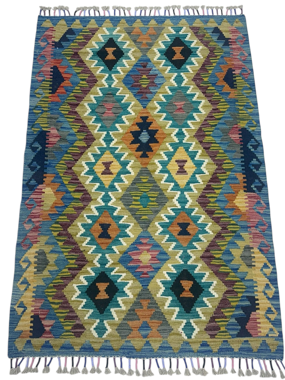 Afghan Kilim Rug 3x5, Blue, Teal & Gold, Hand-Woven Wool Flatweave, view 2