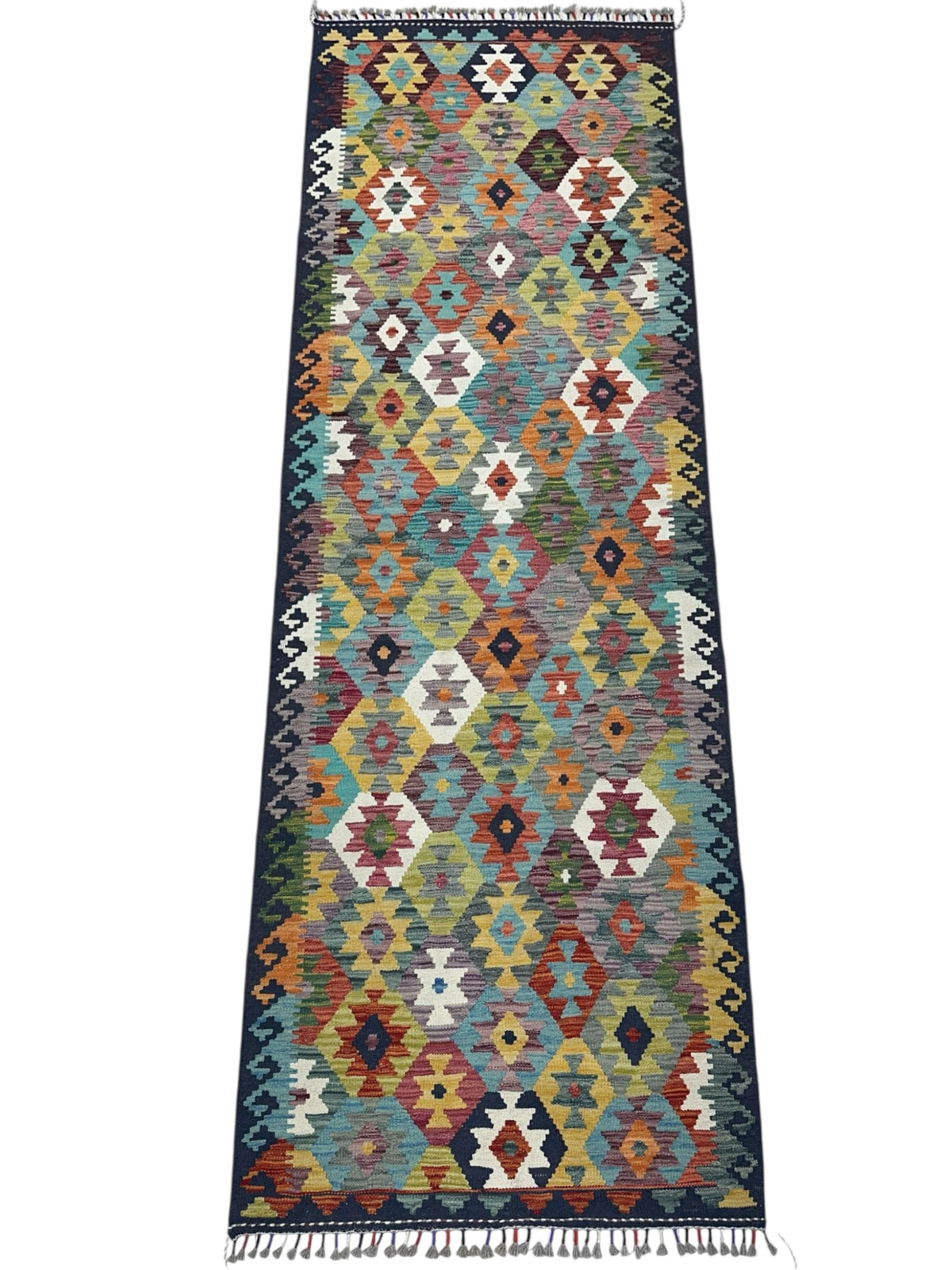 Afghan Kilim Runner 3x10, Navy, Gold & Rust, Hand-Woven Wool Flatweave, view 2