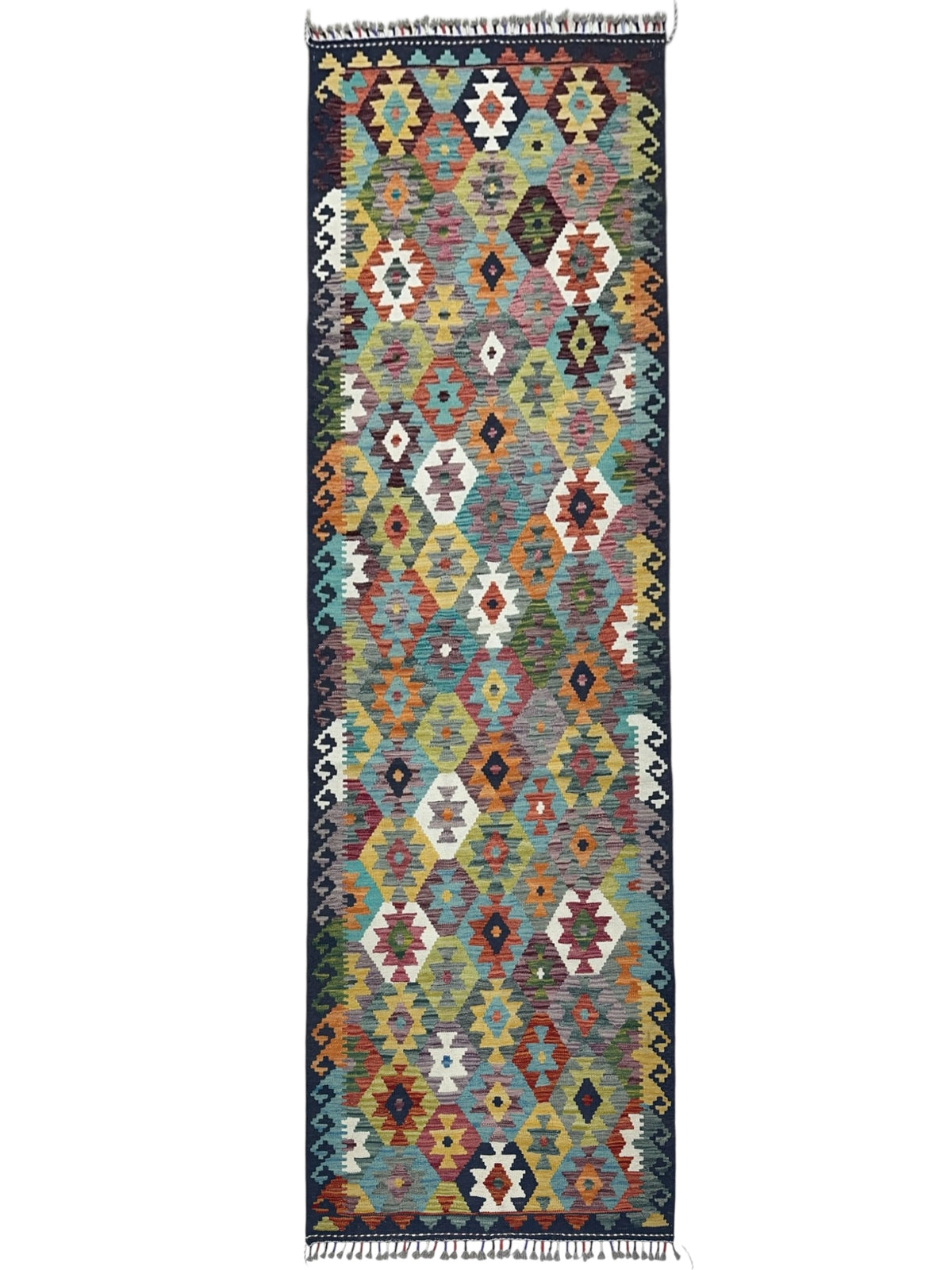 Afghan Kilim Runner 3x10, Navy, Gold & Rust, Hand-Woven Wool Flatweave