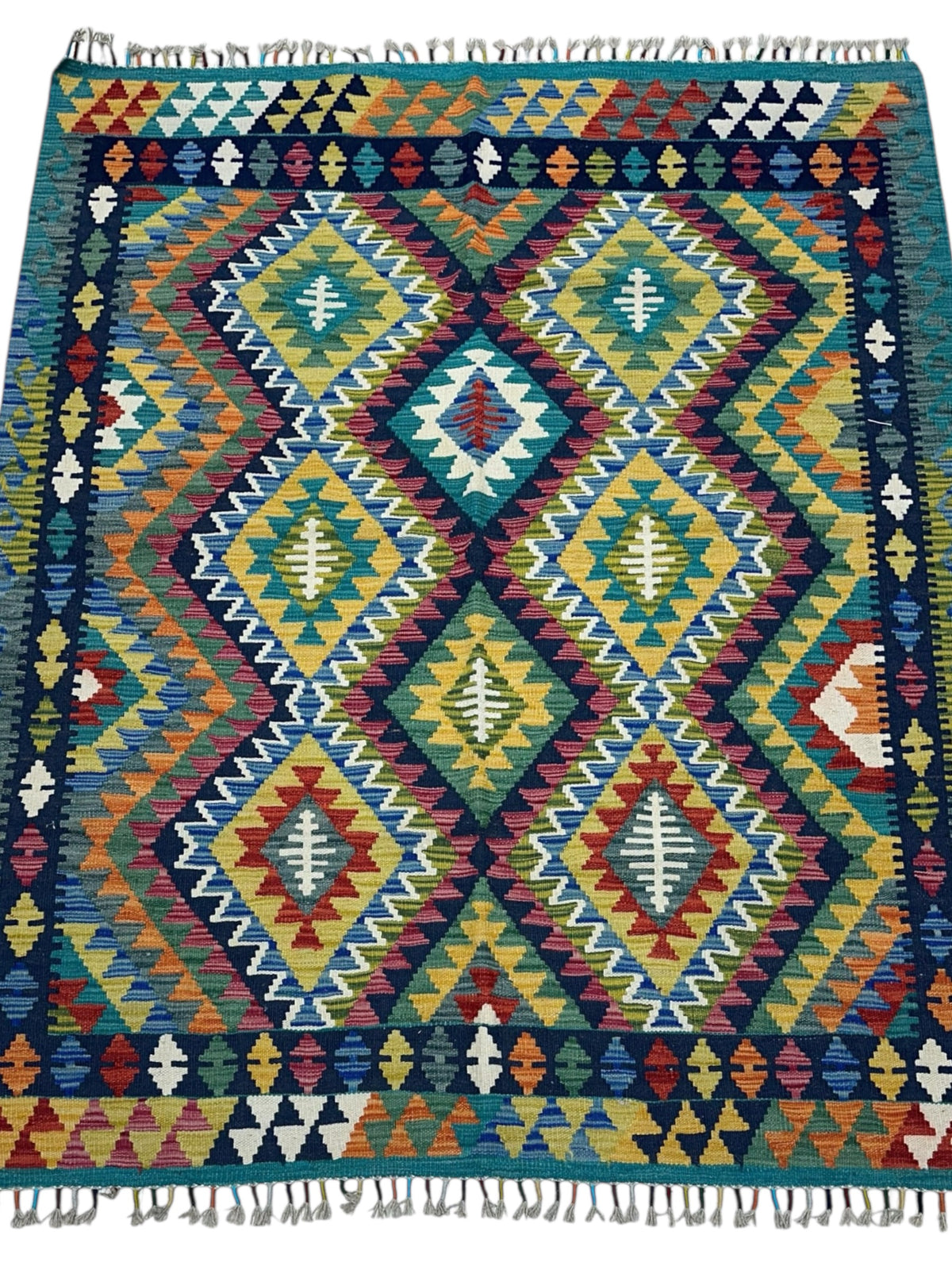 Afghan Kilim Rug 5x6, Teal, Gold & Navy, Hand-Woven Wool Flatweave, view 2