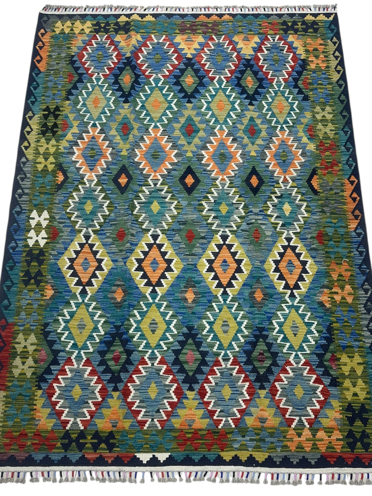 Afghan Kilim Rug 6x8, Teal, Olive Green & Blue, Hand-Woven Wool Flatweave, view 2