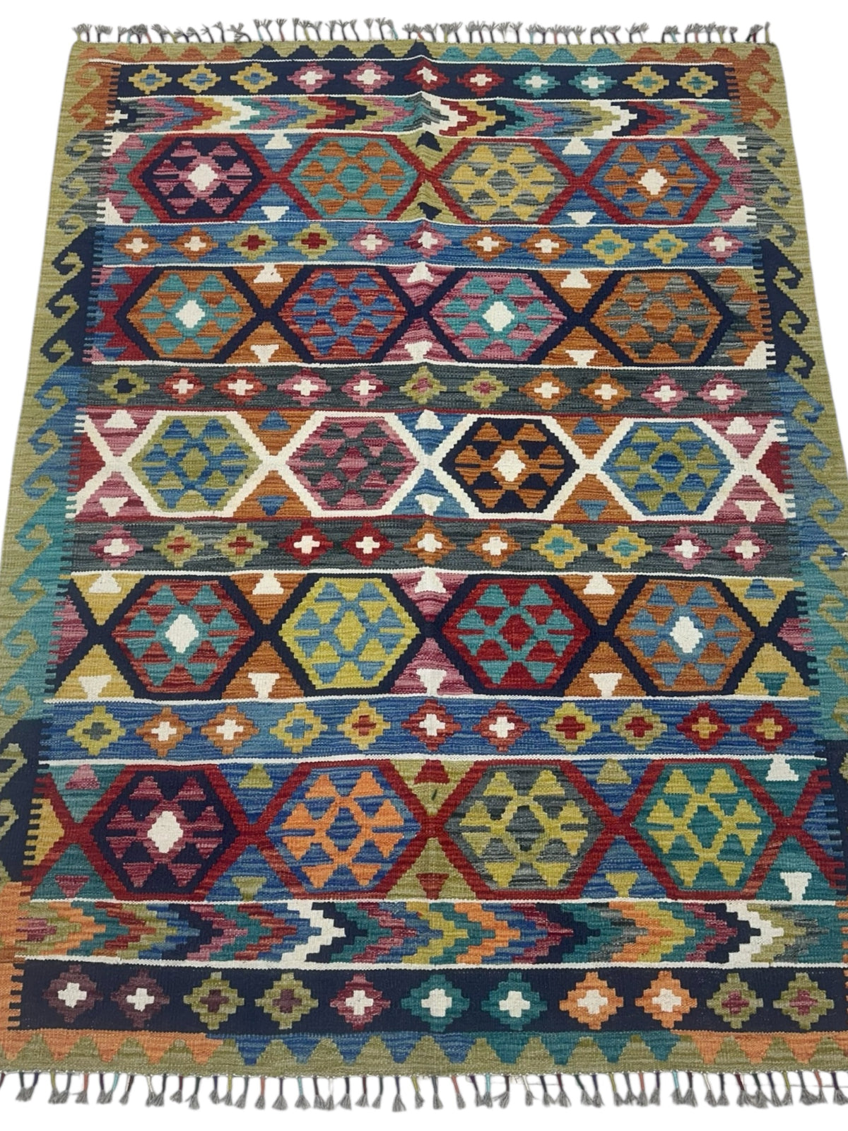 Afghan Kilim Rug 6x8, Navy, Rust & Olive Green, Hand-Woven Wool Flatweave, view 2