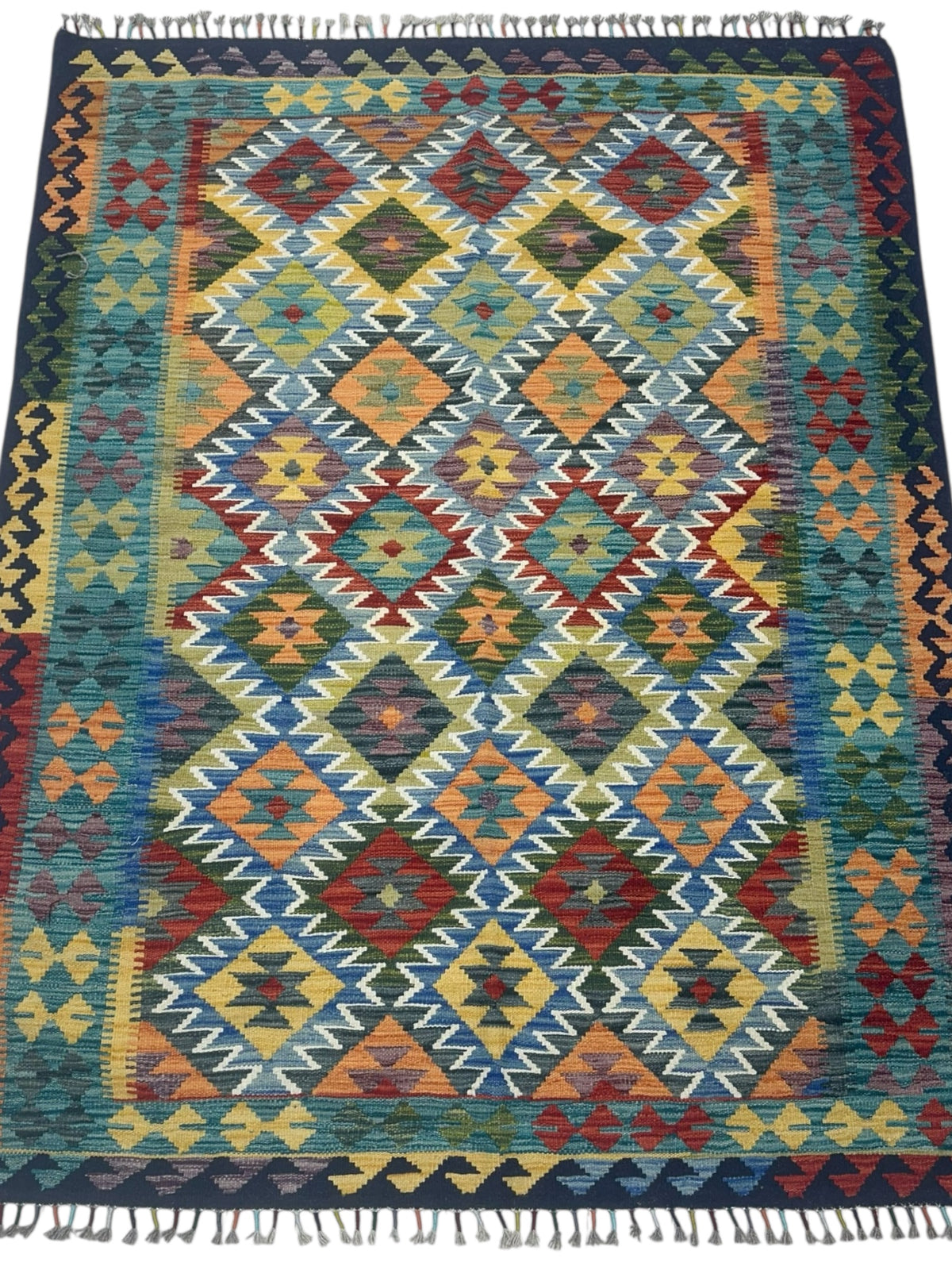 Afghan Kilim Rug 5x7, Teal, Navy & Gold, Hand-Woven Wool Flatweave, view 2
